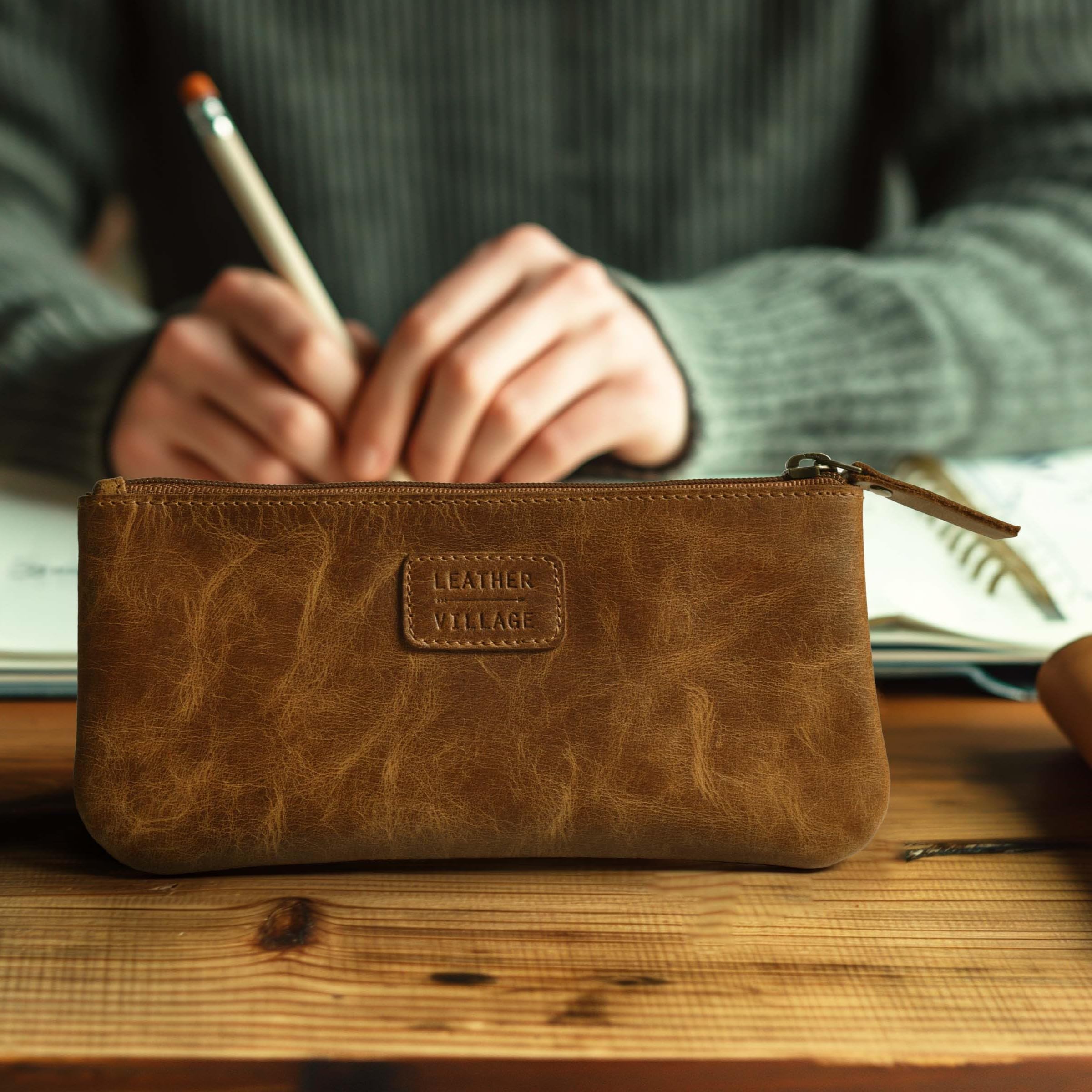 LEATHER VILLAGE Leather Pencil Pouch Pen Case, Tan Brown, 8"X4"- Double Pocket - Image 4