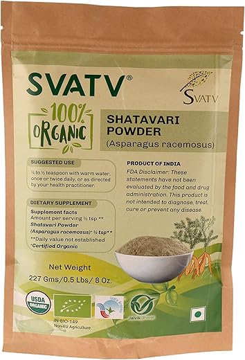 SVATV Shatavari Powder (Asparagus Racemosus) 1/2 LB, 08 oz, 227g USDA Certified Organic- Biodegradable Reselable Zip Lock Pouch
