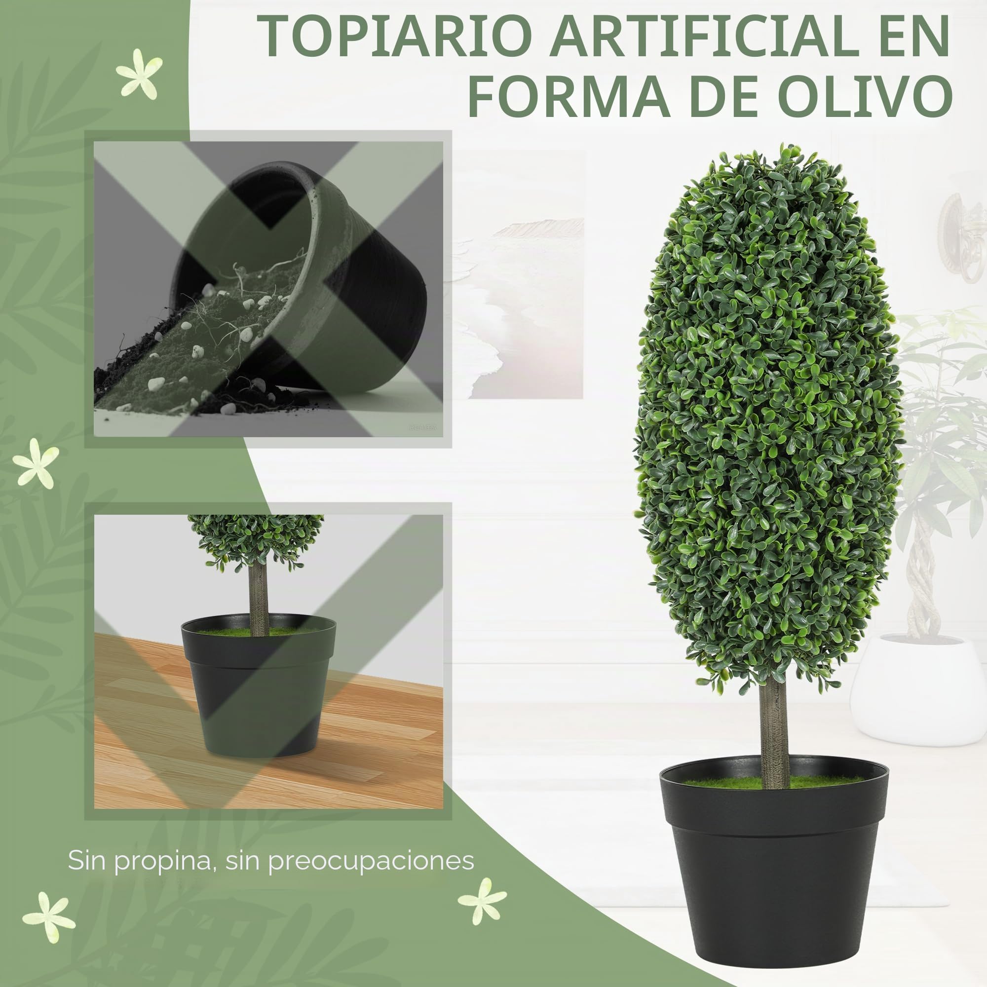 HOMCOM Juego de 2 Plantas Artificiales de boj Artificial de 60 cm en Forma de Oliva, Plantas Artificiales en Maceta, Resistentes a los Rayos UV, árbol Artificial Artificial como Real, decoración para