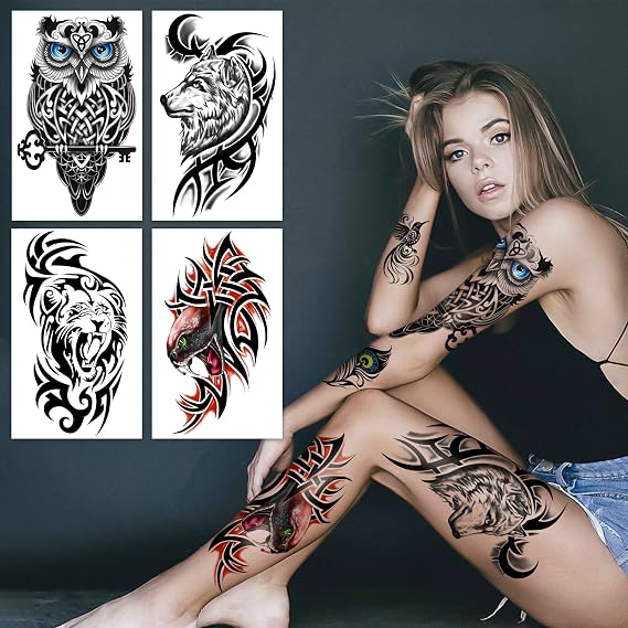 77 Sheets Tribal Totem Temporary Tattoos, 17 Half Arm Music Festival Rave Beach Party Body Art Wolf Lion Owl Skull Fake Tattoos Men Women, 60 Long Lasting Waterproof Tiny Tattoos Sticker Kids Adults