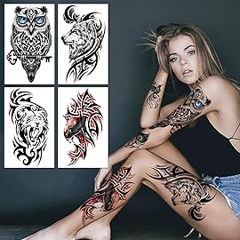 77 Sheets Tribal Temporary Tattoos for Men, 17 Sheets Half Arm Western Tribal Wolf Lion Owl Skull Fake Tattoos for Adults Women, 60 Black Tiny Tattoos Sticker for Halloween Party Supplies