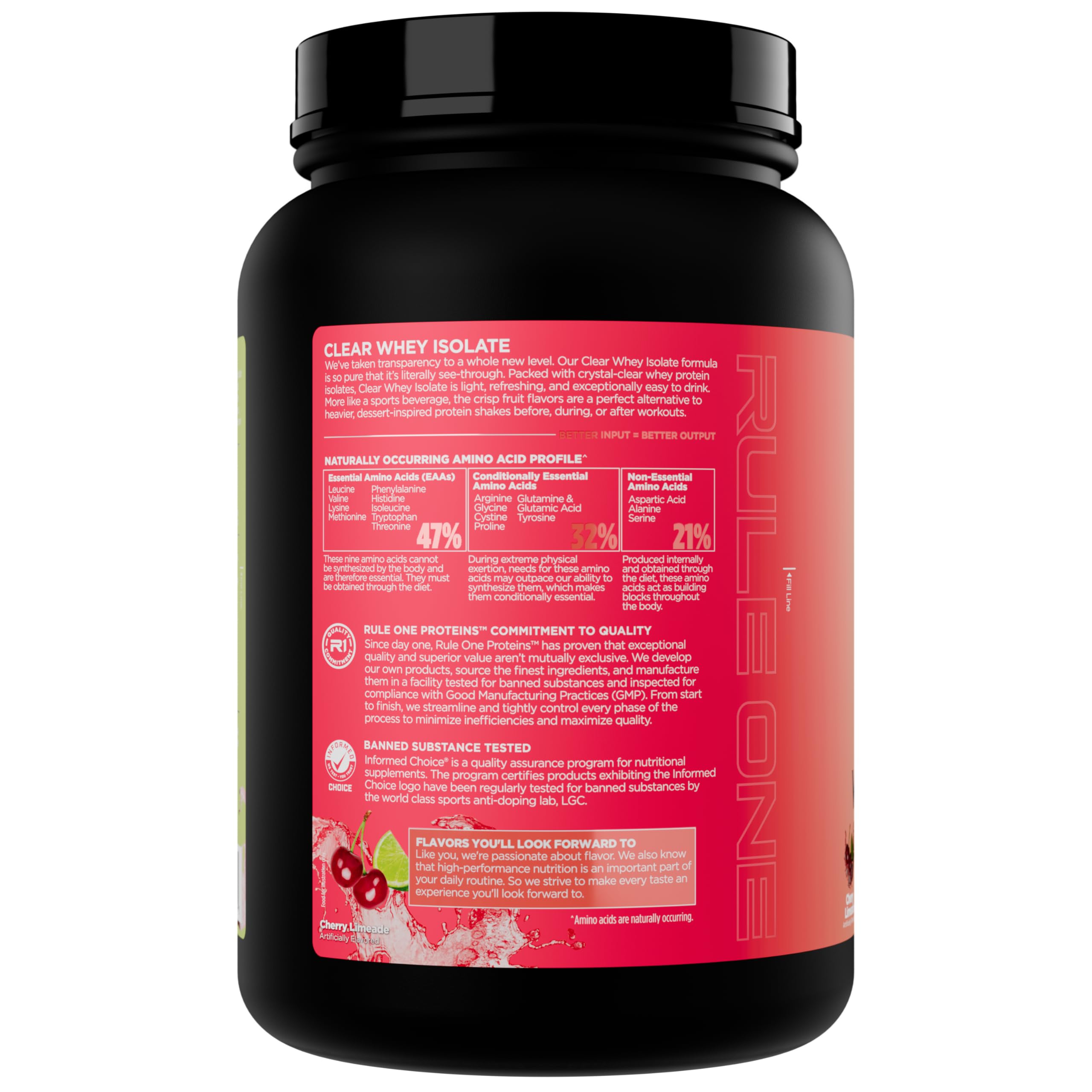 Rule One Proteins Isolat transparente: 20 g de proteína aislada de suero, más de 9 g de AAA, 300 mg de minerales electrolíticos, 90 calorías, sabor ligero, crujiente y refrescante (27 porciones).