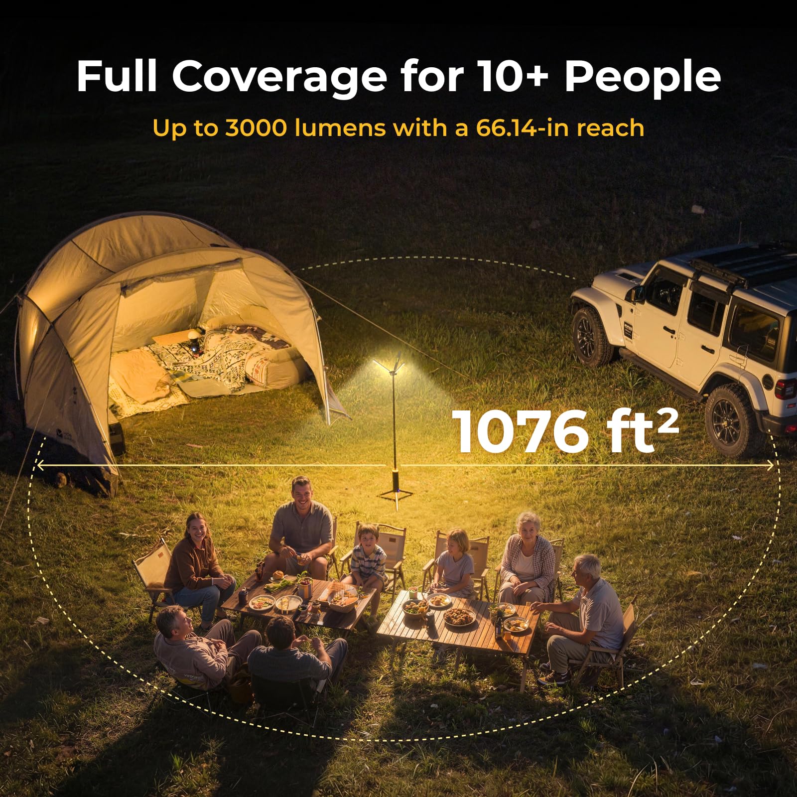 BougeRV T1 Lampe de Camping Rechargeable 15600mAh, 3000 LM, Lanterne Télescopique 1,68 m, Hauteur et Angle Réglables, Charge Rapide 2,5h, Étanche IPX5, Éclairage pour Camping, Chantier, Survie, Voyage