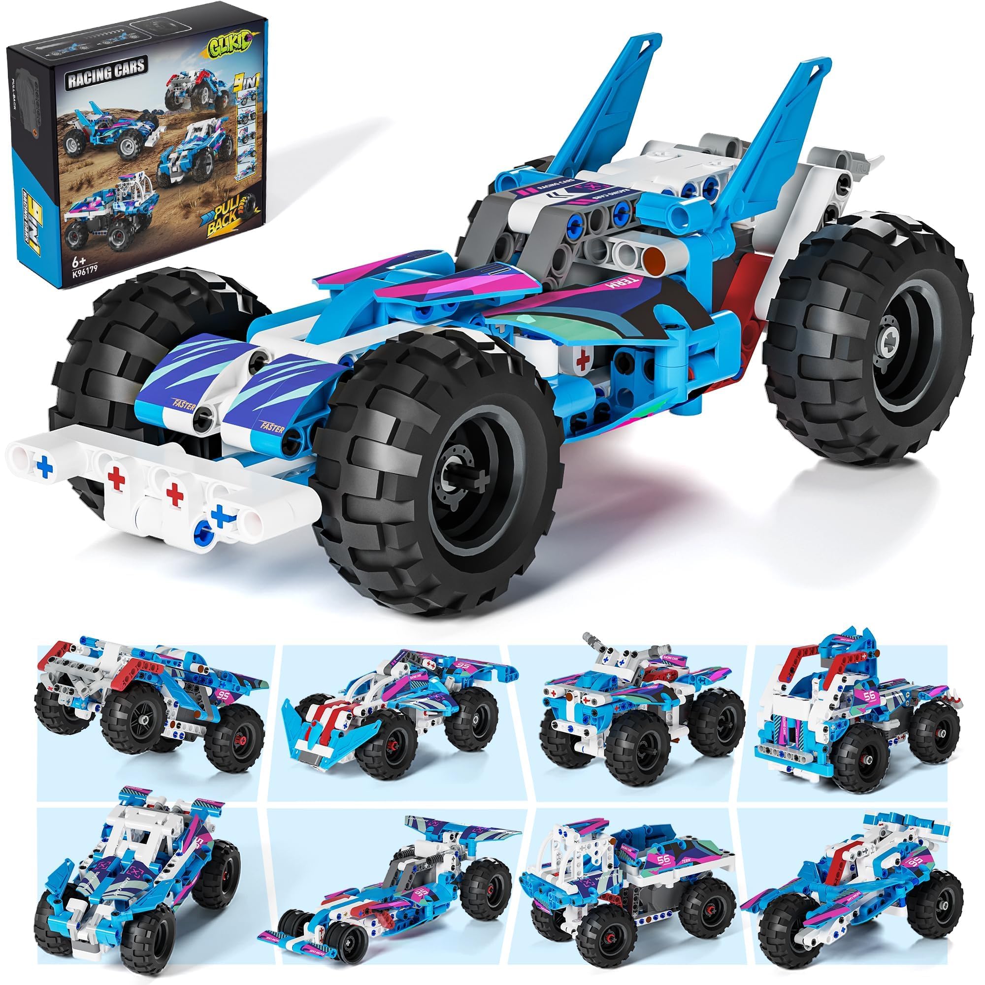 Glikid 9-in-1 Pull-Back Car Building Set, Off-Road Race Vehicle Models | Build & Rebuild 9 Car Models From One Set, Pull-Back Action Brings Racing Fun, STEM Engineering Gift For Kids Ages 8+