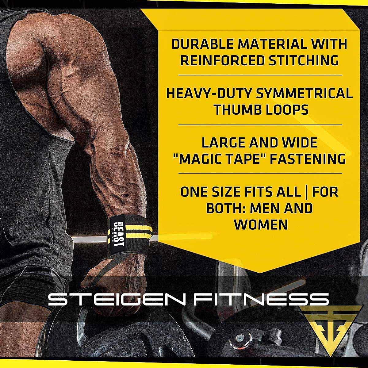 STEIGEN FITNESS Professional Beast Mode Heavy Duty Wrist Wraps Elastic Straps Brace Support Protector for Weightlifting Workout Bodybuilding Gym Fitness