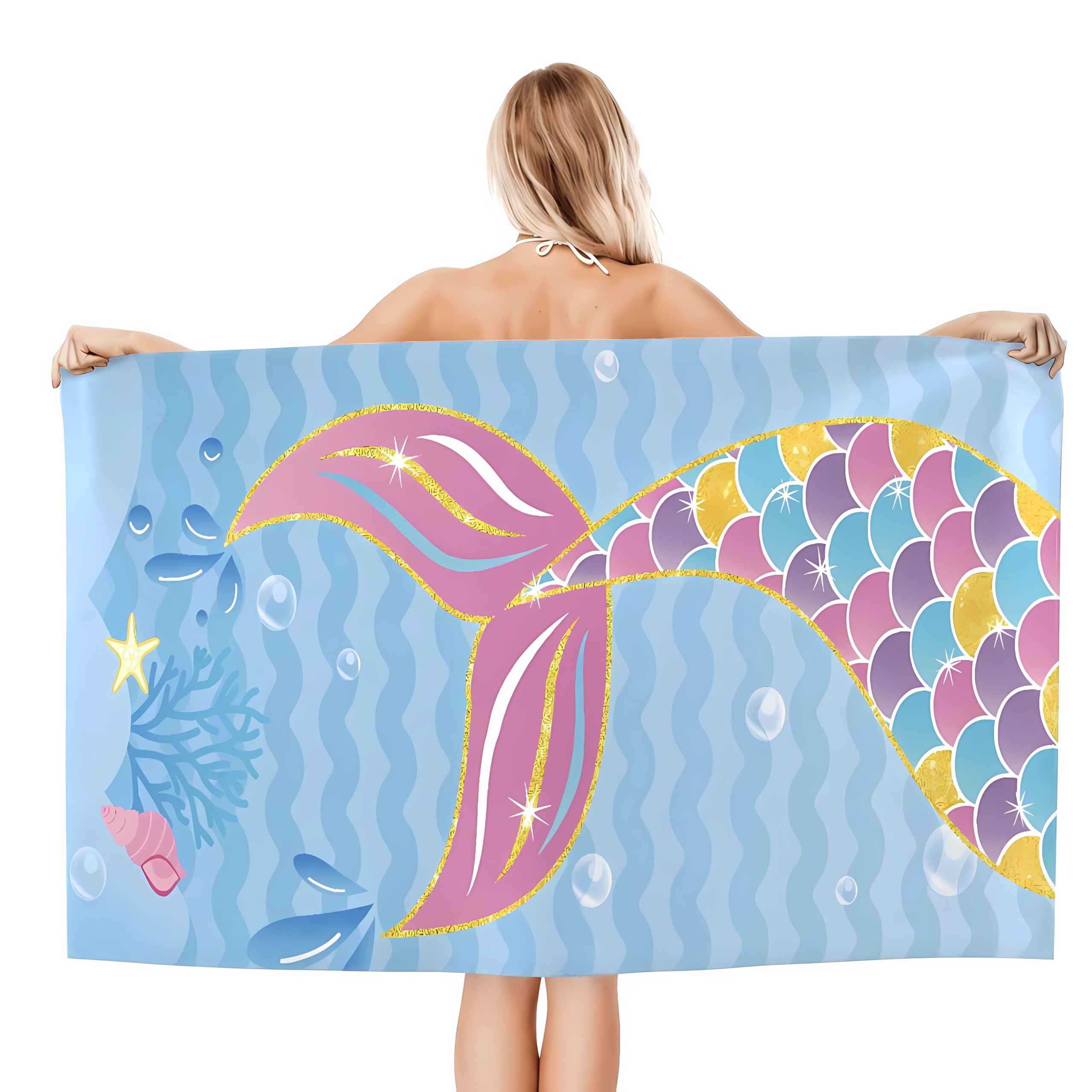Condition photo showing New/Like New for tehalk mermaid beach towel for girls/kids/toddler, personalized microfiber quick dry pool towels, soft lightweight beach towel ideal for summer family travel outdoor activities 30"x 60"