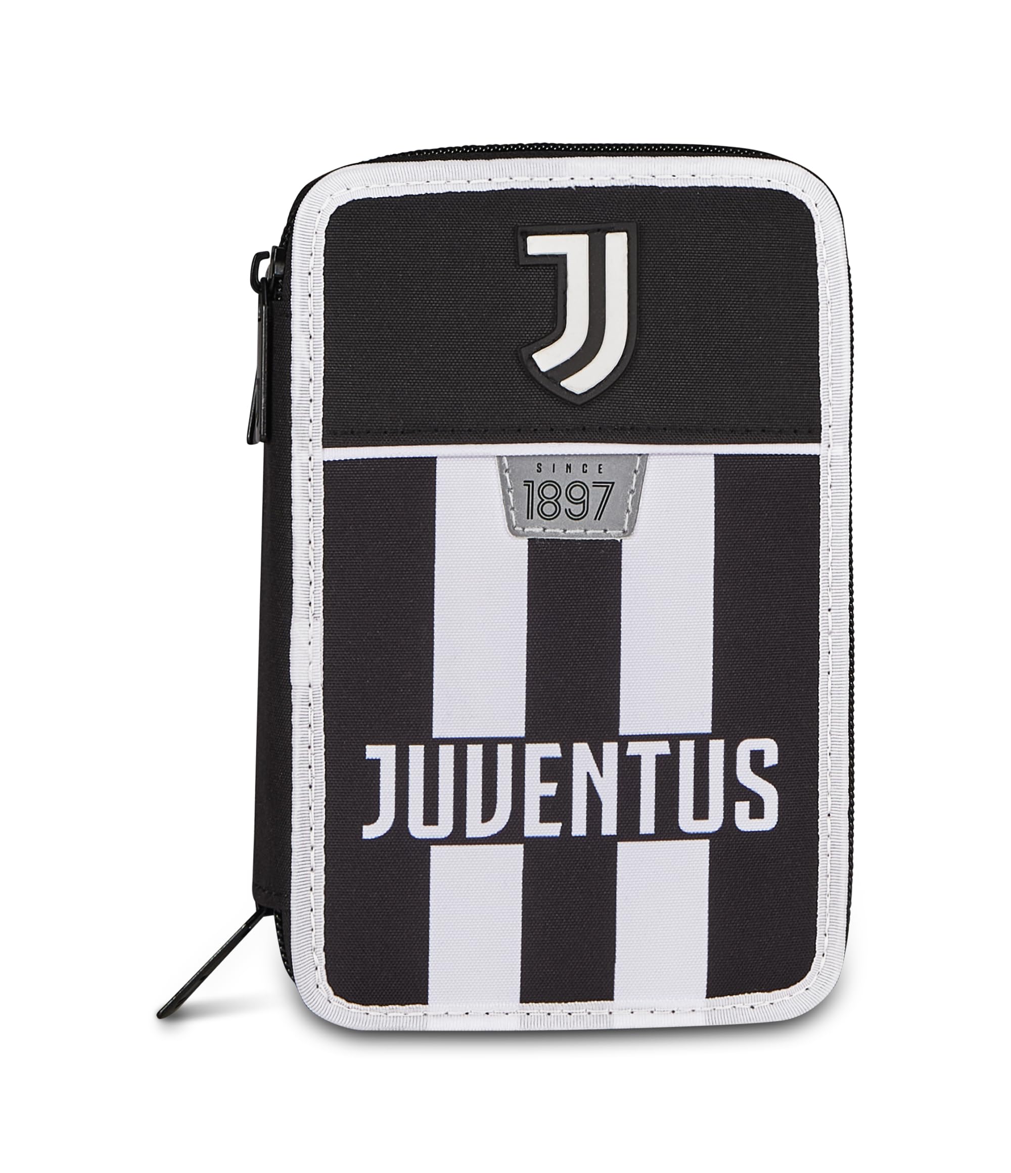 Seven Juventus Astuccio 3 Zip, Triplo Scomparto, Completo di Matite, Pennarelli, Colori, Accessori Zaino, Elementari, Medie, Bianconeri, Ragazze e Ragazzi, bianco/nero