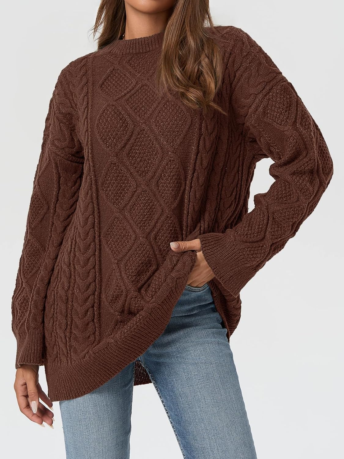 Saodimallsu Womens Oversized Sweaters Cable Knit Chunky Crew Neck Long Sleeve Loose Tunic Pullover Sweater - Image 4