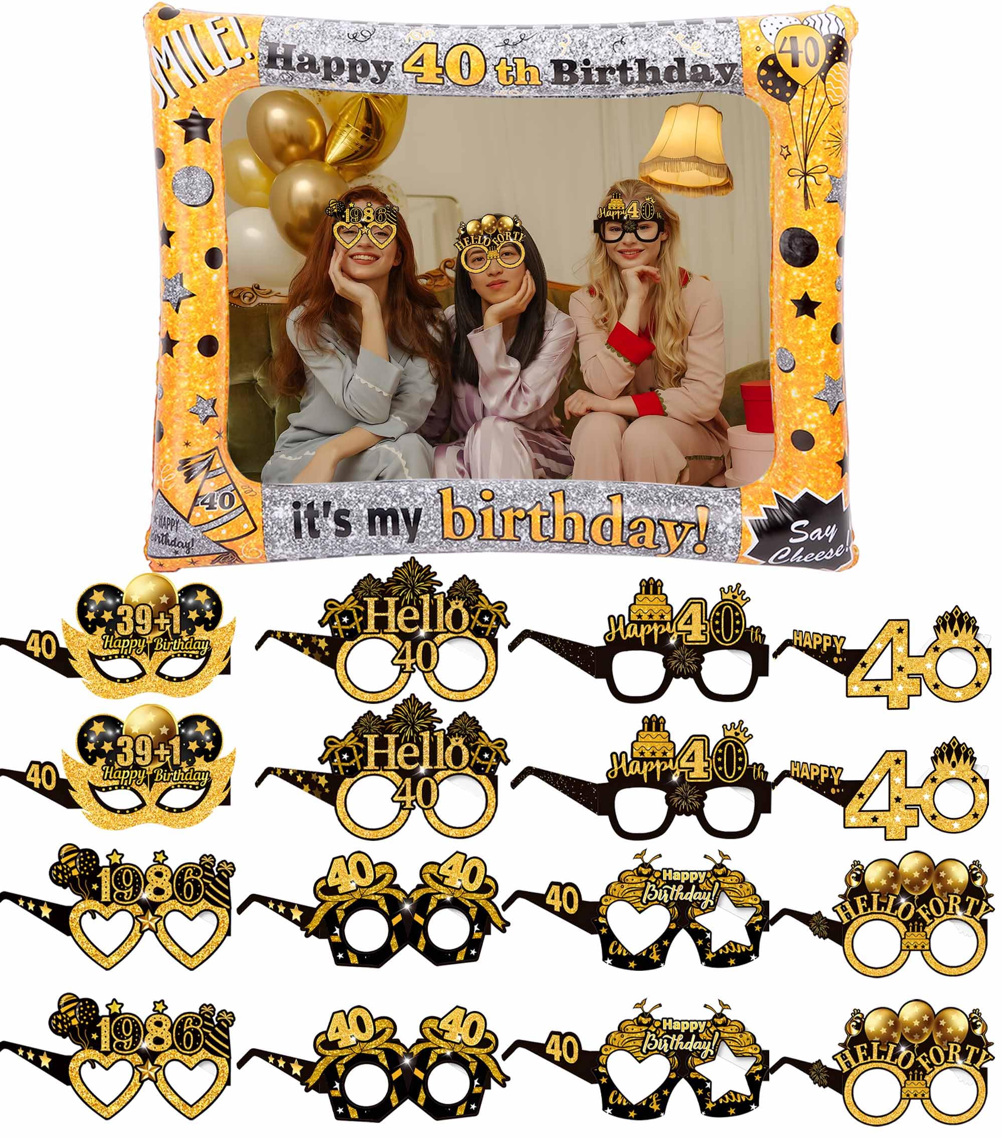 17Pcs Birthday Photo Booth Props Black Gold - 71 x 58cm 40th Inflatable Selfie Frame and 40th Birthday Glasses for Men Women Age 40 Party Supply (40th)