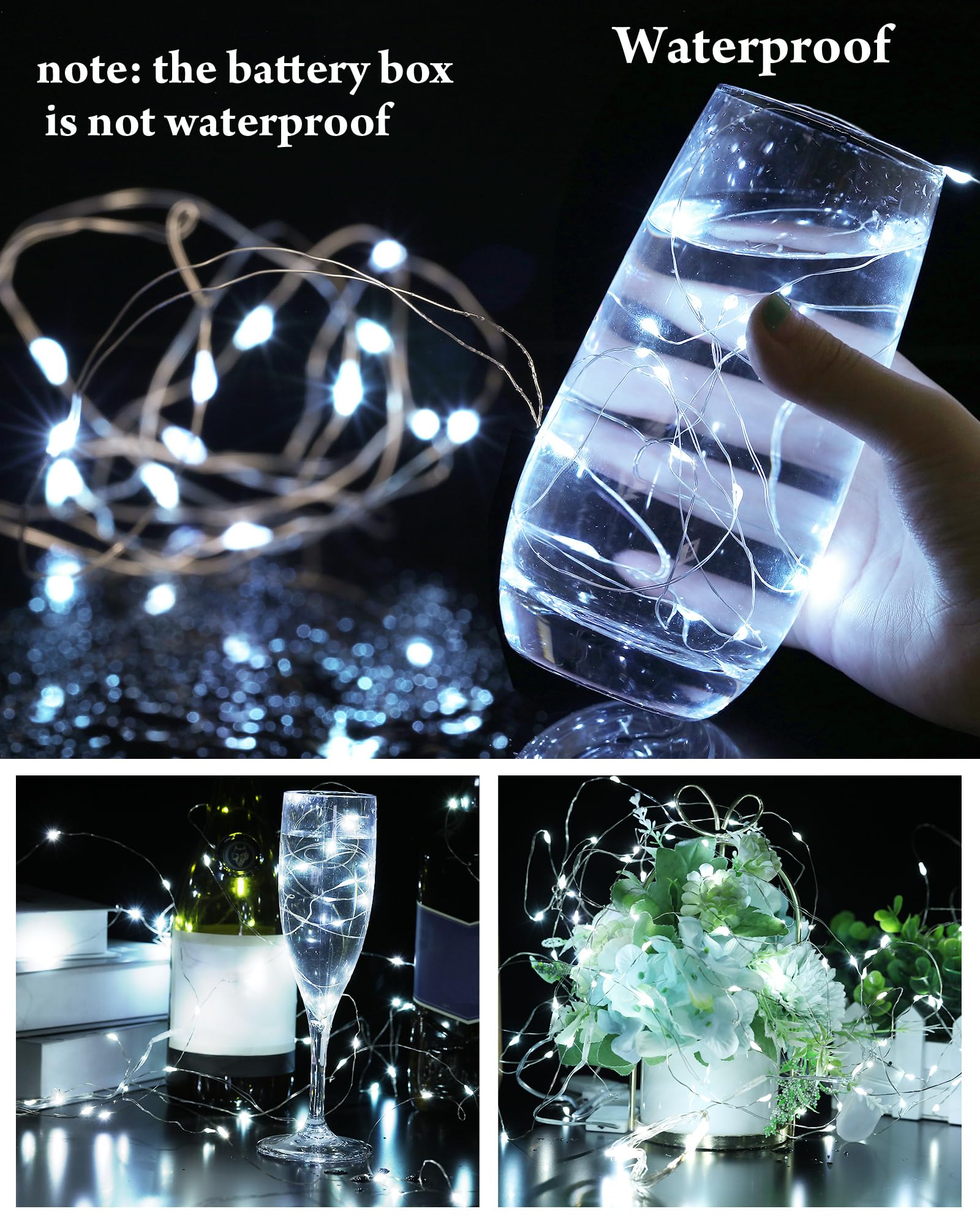 50 luces LED de hadas que funcionan con pilas, cadena de luces flexibles de 7 pies, 20 luces LED de hadas impermeables para decoraciones, bodas, dormitorios, fiestas (blanco frío)
