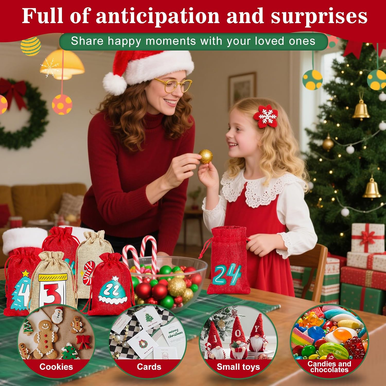 2ft Mini Christmas Trees and 24 Days Christmas Advent Calendar Bags with Drawstring Camps