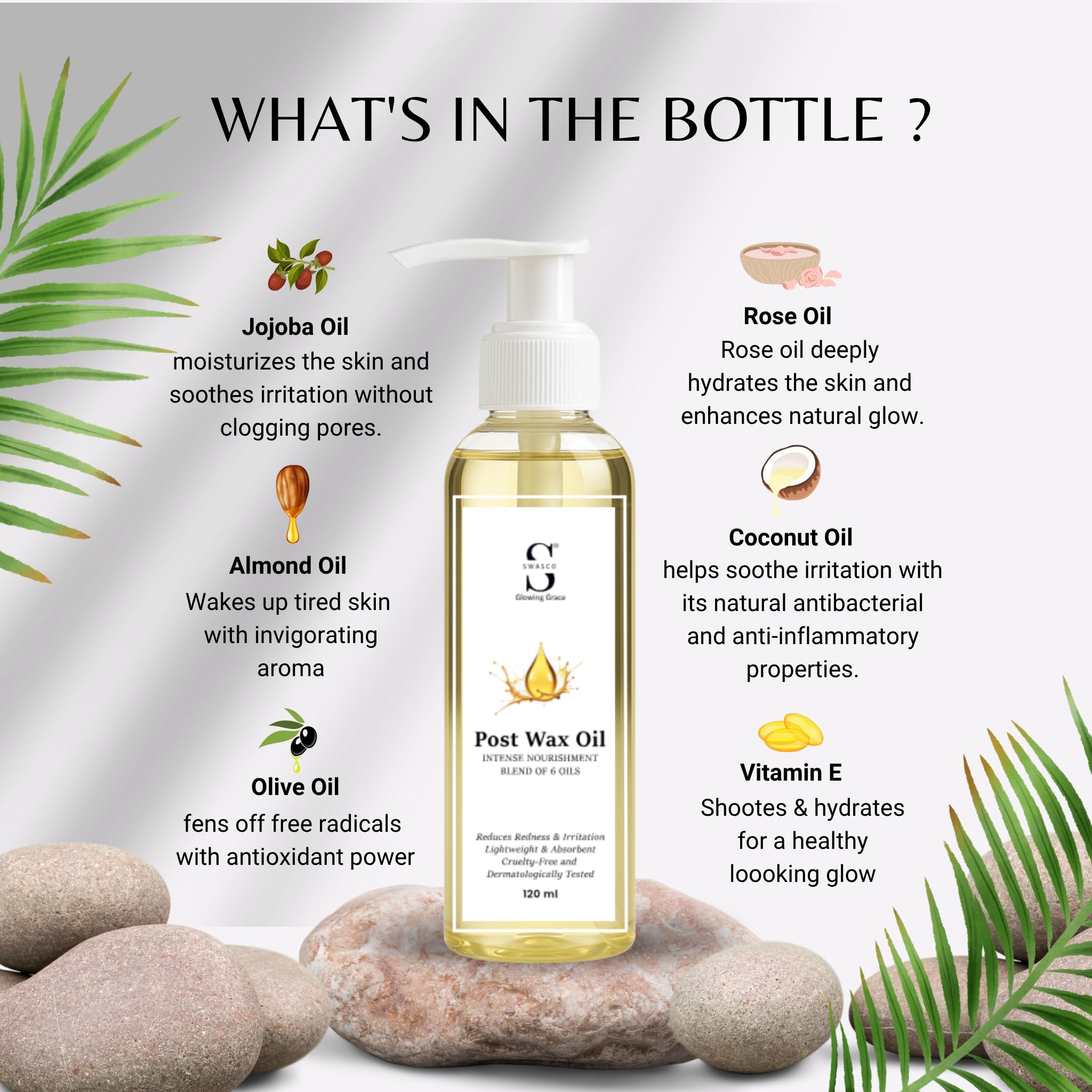 Swasco After Wax Massage Oil with Blend of 6 Nourishing Oils | Soothes & Hydrates Skin | Lightweight, Non-Sticky | Reduces Redness, Irritation & Bumps | Nourishes & Moisturizes skin Post Wax 120 ml
