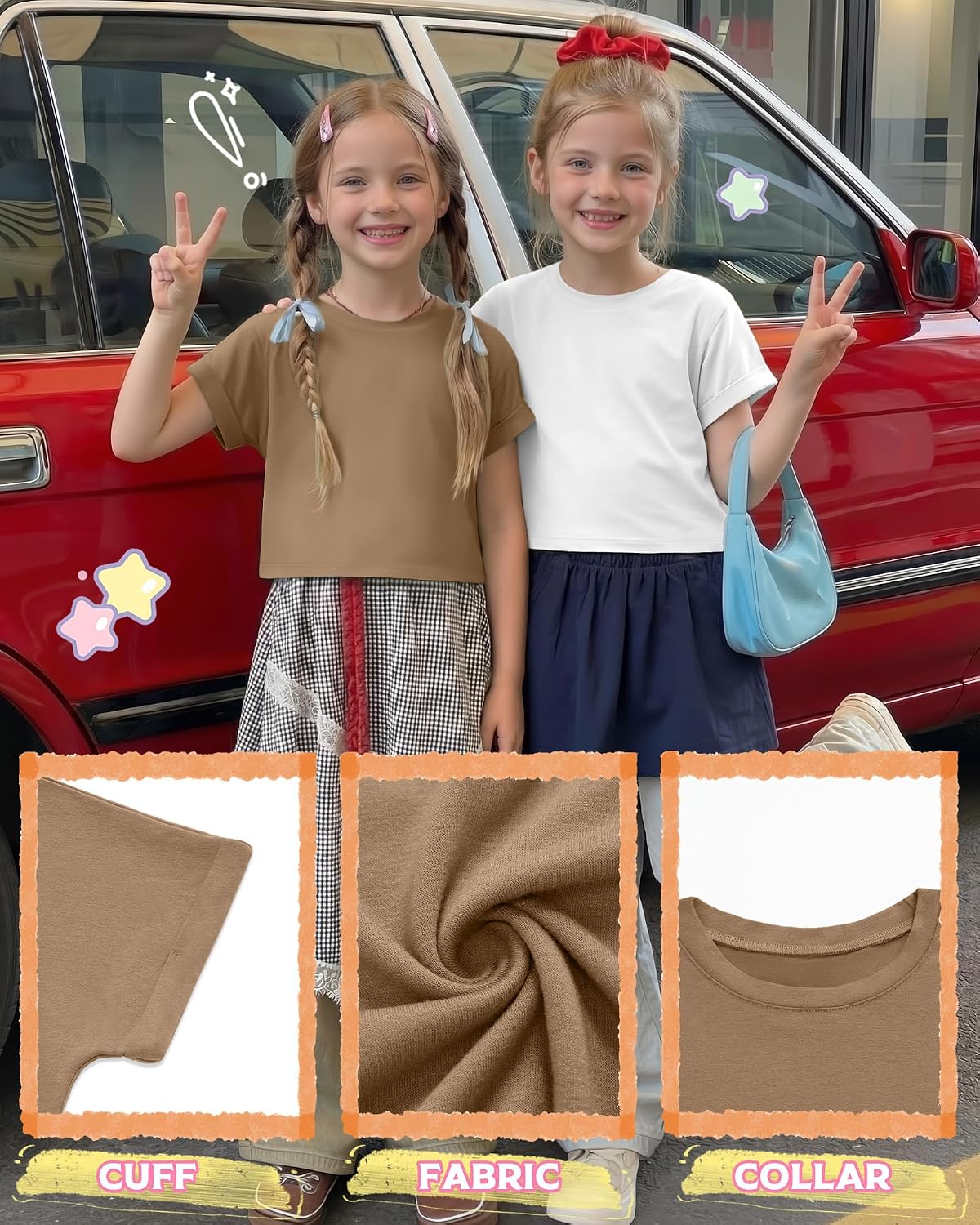 4 Pack Girls Crop Tops Kids Short Rolled Sleeve Shirts Loose Crew Neck Casual T-Shirts Cute Basic Summer Tees