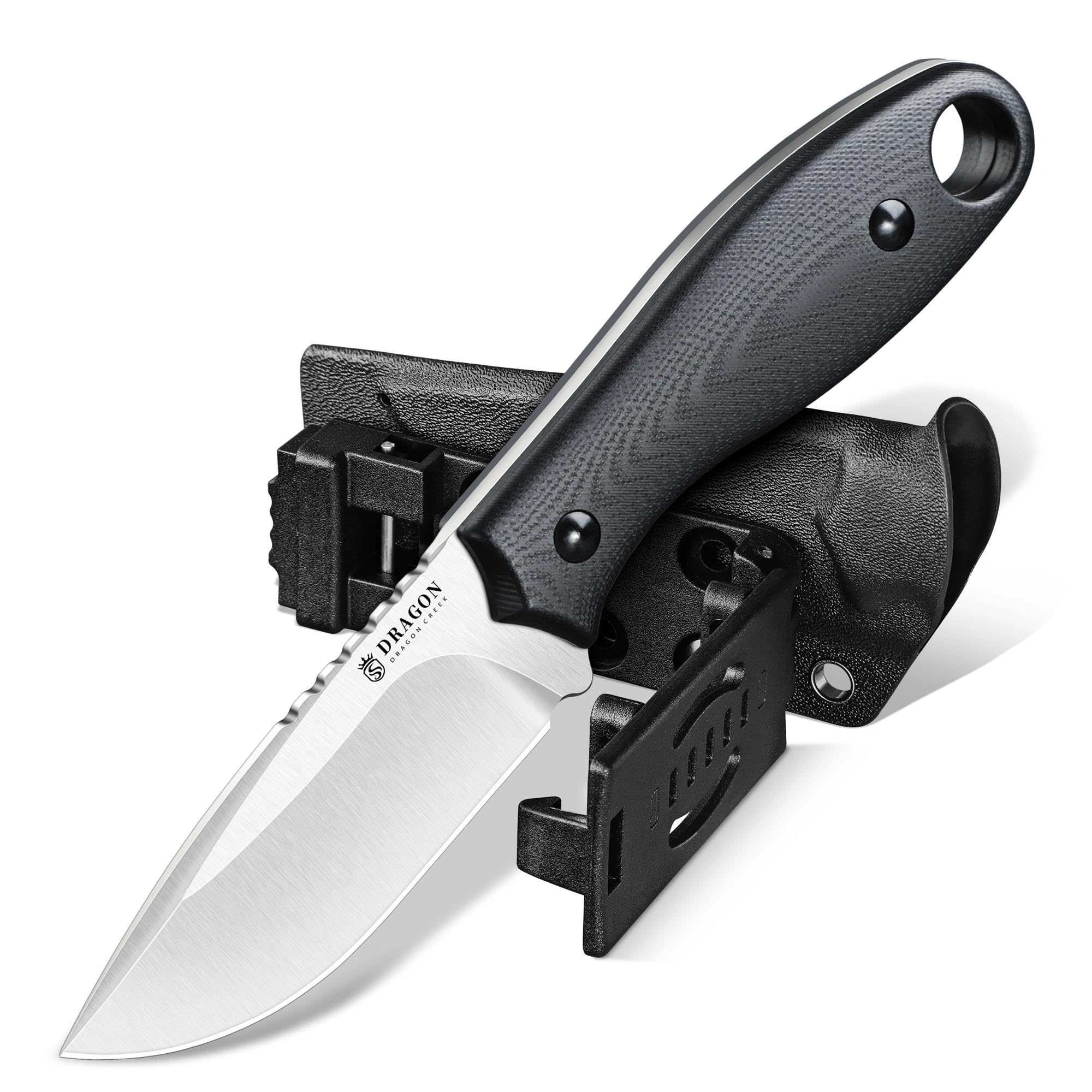 Dragon Creek Kompaktes Outdoor Messer feststehend D2 Stahl, Drop Point Jagdmesser mit G10 Griff, Full Tang EDC Messer mit Kydex Scheide, kleines Camping Bushcraft Messer(Schwarz) - 1