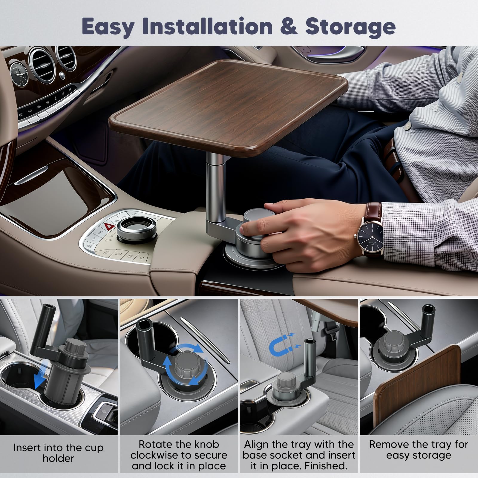 Support de bureau pour ordinateur portable, table porte-gobelet pivotante à 360° Support en bois pour, table et plateau repas pour voiture Compatible avec les modèles la plupart des véhicules