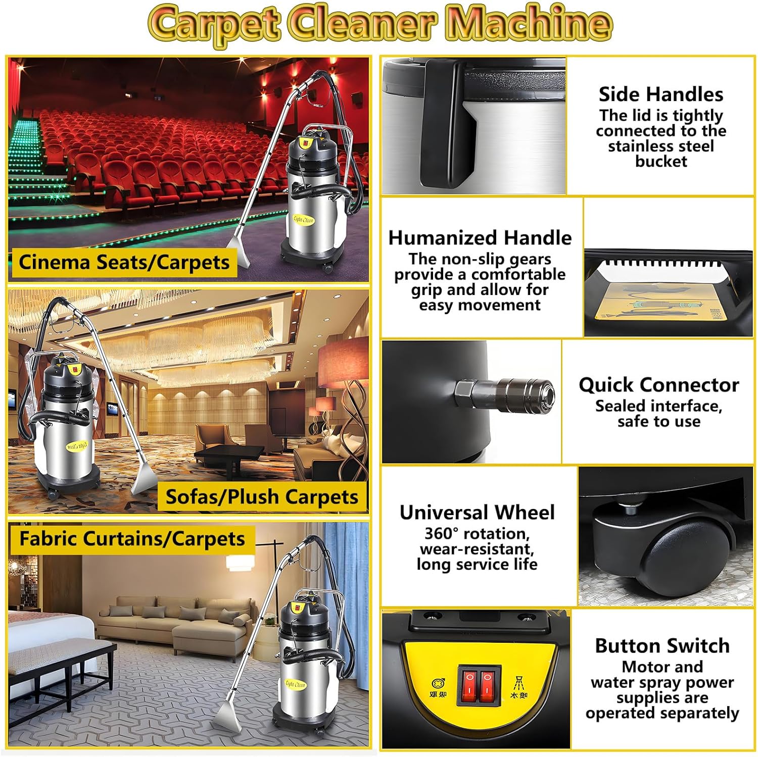 Commercial Carpet Cleaning Machine, Vacuum Cleaner Extractor, 2 in 1 Multi-Purpose for Carpet Sofa Curtain Cleaning with 7m Long Cord for Deep Cleaning in Hotels, Offices 20L