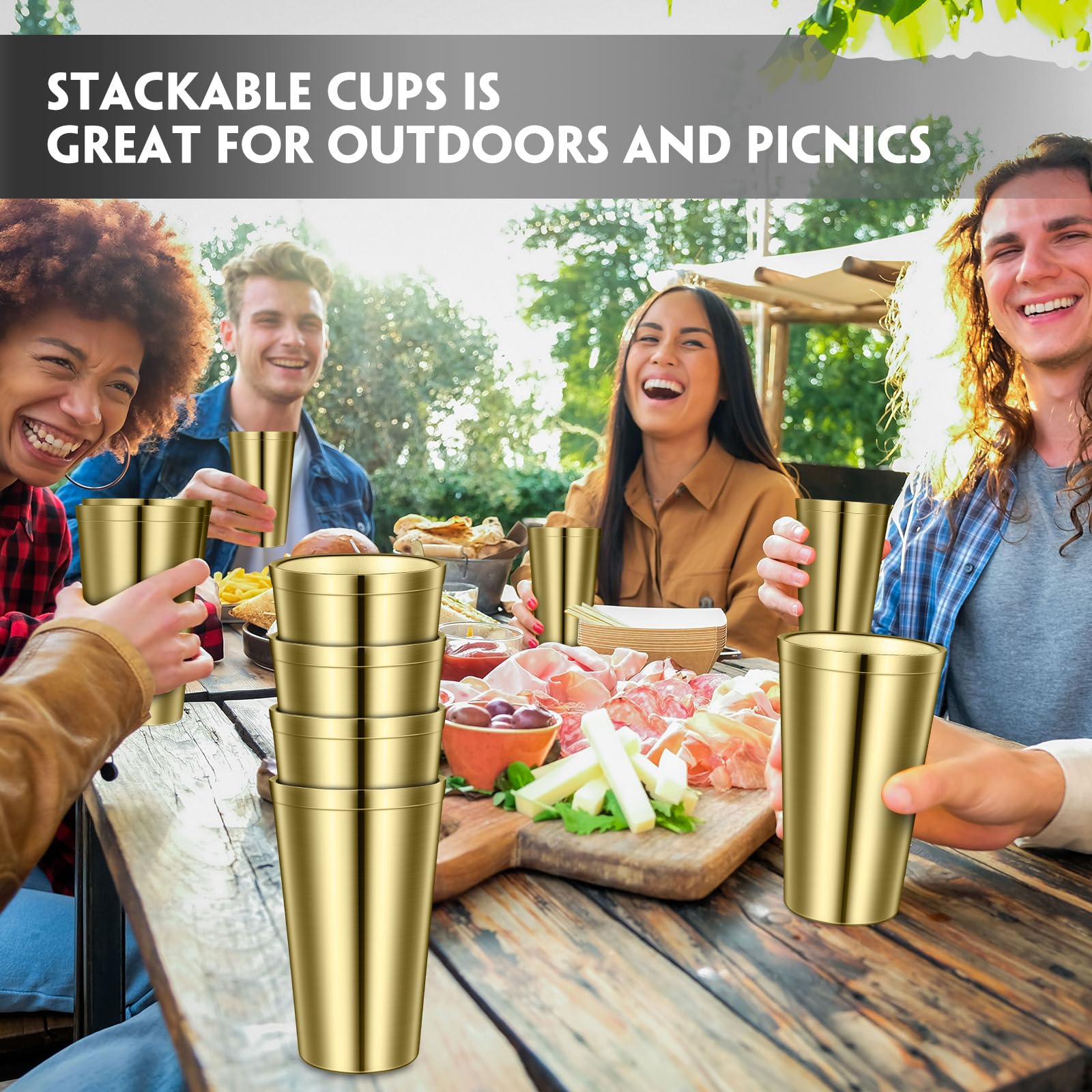 Zopeal Edelstahlbecher, 473 ml, doppelwandig, vakuumiert, stapelbar, unzerbrechliche Trinkgläser für Zuhause und draußen (Gold, 8 Stück)
