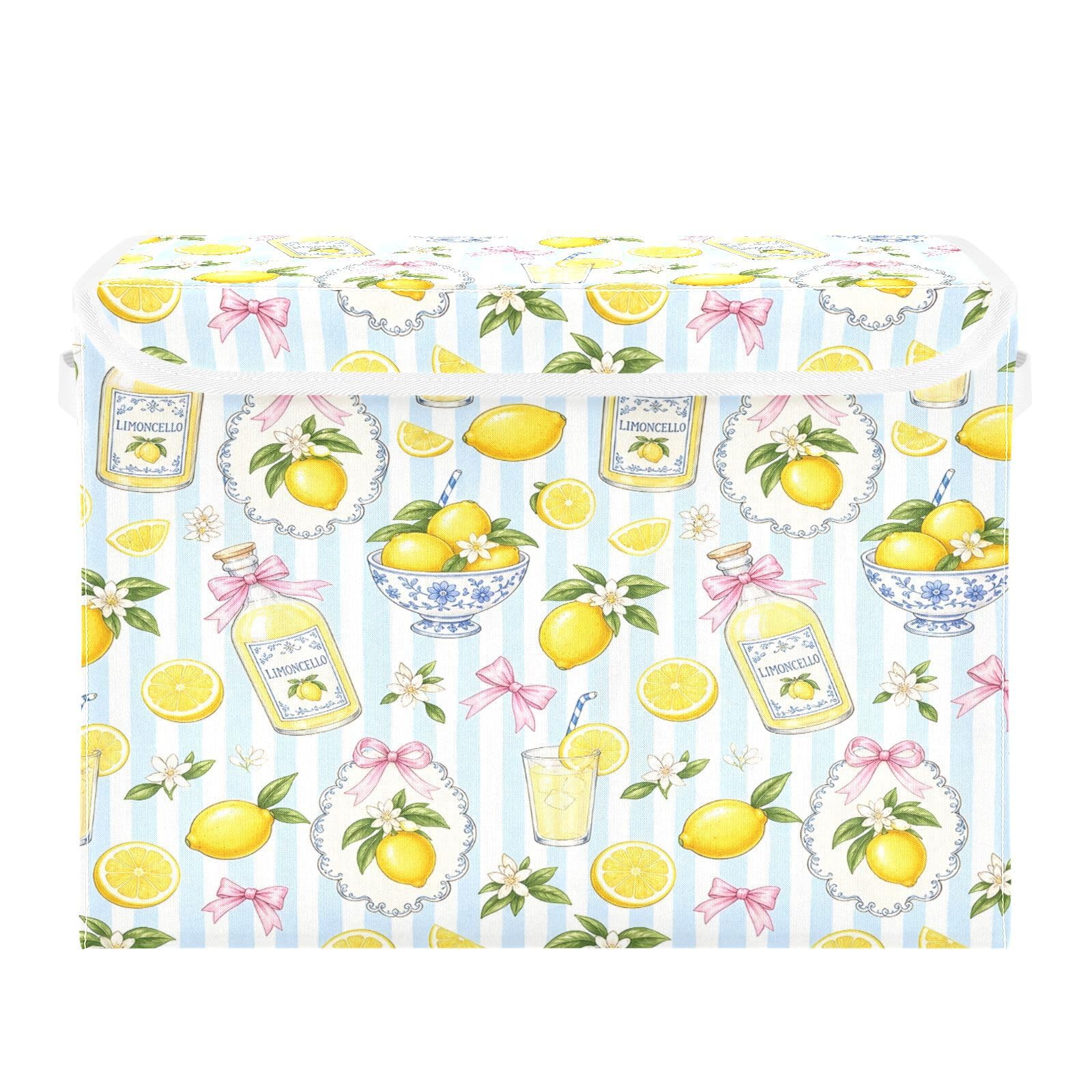 Ewusp Lemon Fabric Storage Bin with Lid, Decorative Foldable Storage Basket with Handles, Stackable Closet Shelf Organiser Box for Clothes, Books, Bedroom, Living Room