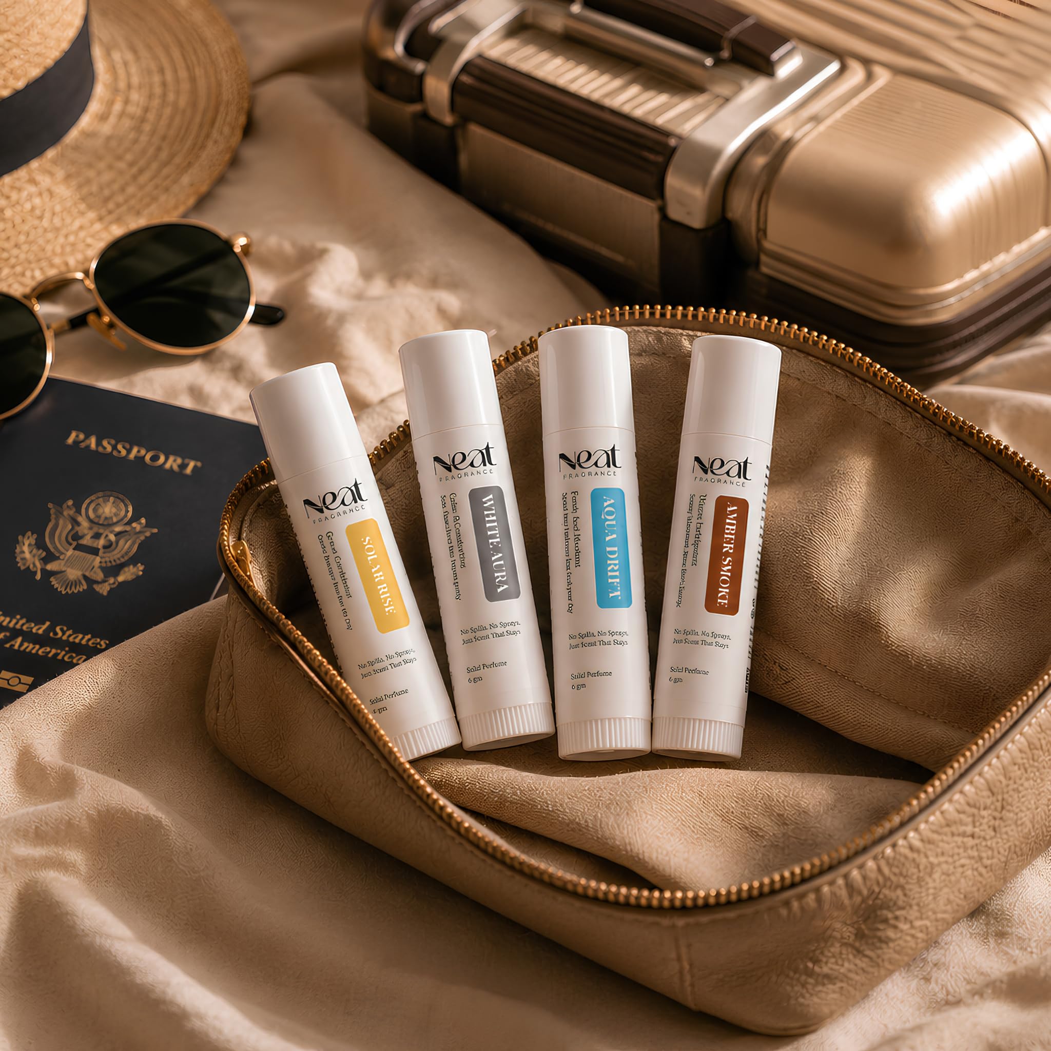 solid perfume for men & women, pack of 4 x 6g | long lasting alcohol free perfume stick | solar rise, white aura, aqua drift & amber smoke | travel friendly pocket perfume