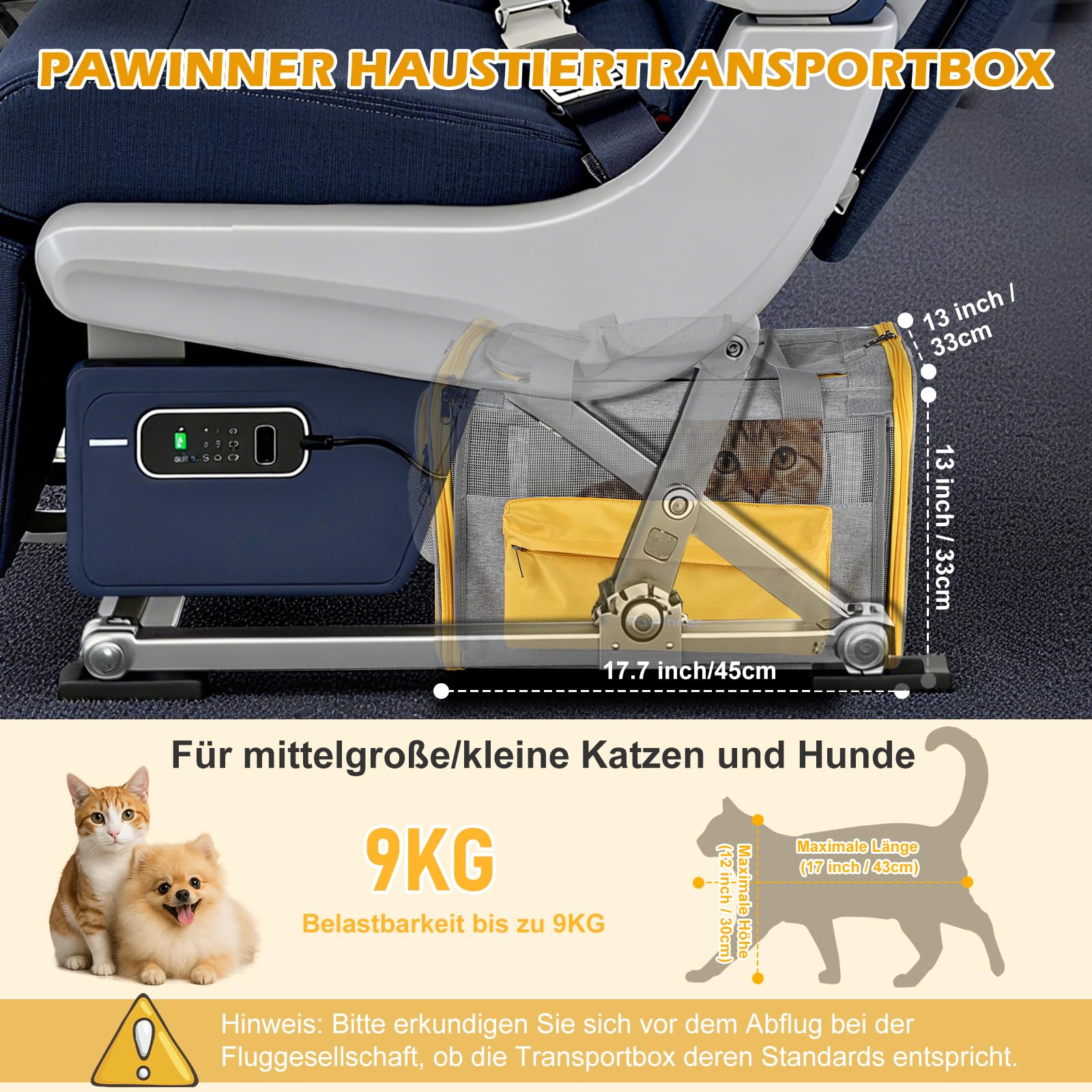 Trasportino per cani con ruote, 45 x 33 x 33 cm, con trolley per auto e aereo, pieghevole, traspirante, portatile, per cani e gatti fino a 9 kg