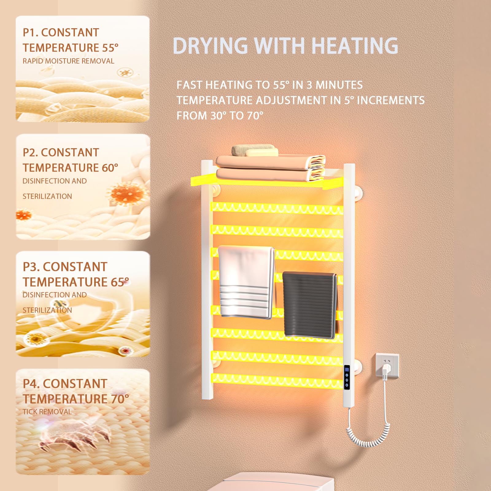 Radiateur Blanc-Serviettes électrique Noir - Dimensions : 650 x 450 mm - avec écran Tactile LED - Chauffe-Serviettes programmable et à température réglable