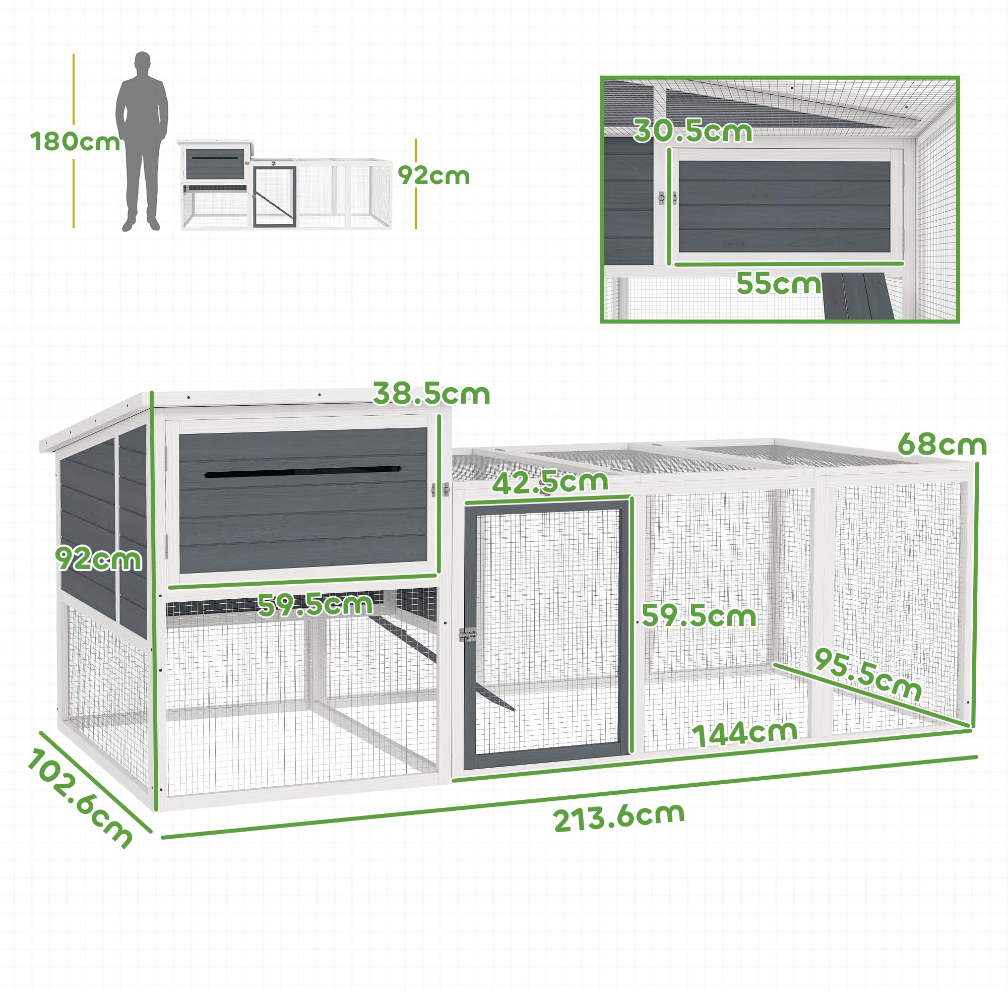 PawHut Pollaio per Galline Ovaiole Esterno con Casetta, Nido per Cova, Tetto Impermeabile Apribile, Vassoio Estraibile, Porte, Gabbia Recinto per 2-4 Galline Conigli in Legno, 214x101x91.5cm, Grigio