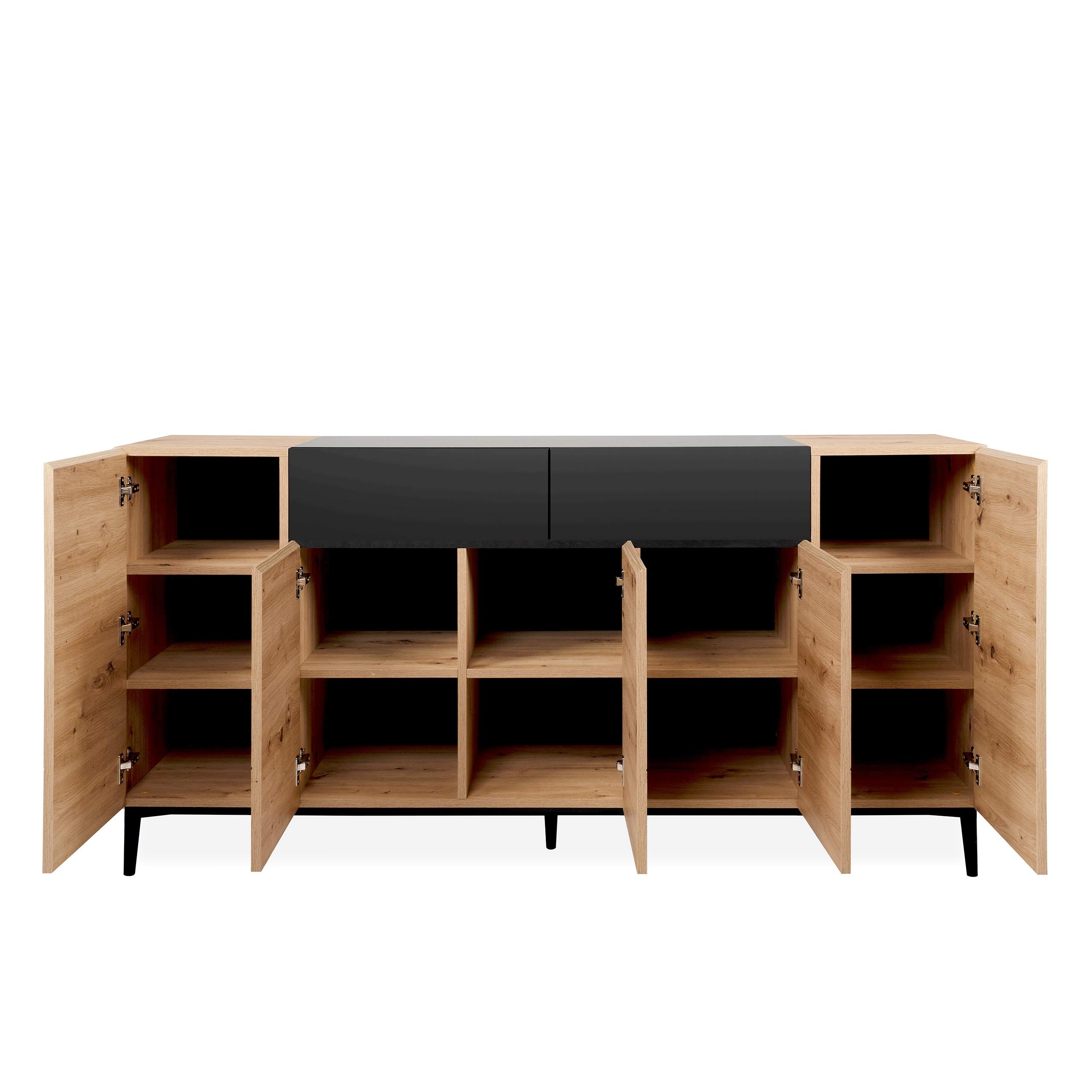 Newfurn Sideboard Wildeiche Schwarz grifflos Kommode Wohnzimmer | zweifarbige Holzoptik, konische Metallbeine, Klappen und Türen, Highboard Anrichte, für Flur und Esszimmer