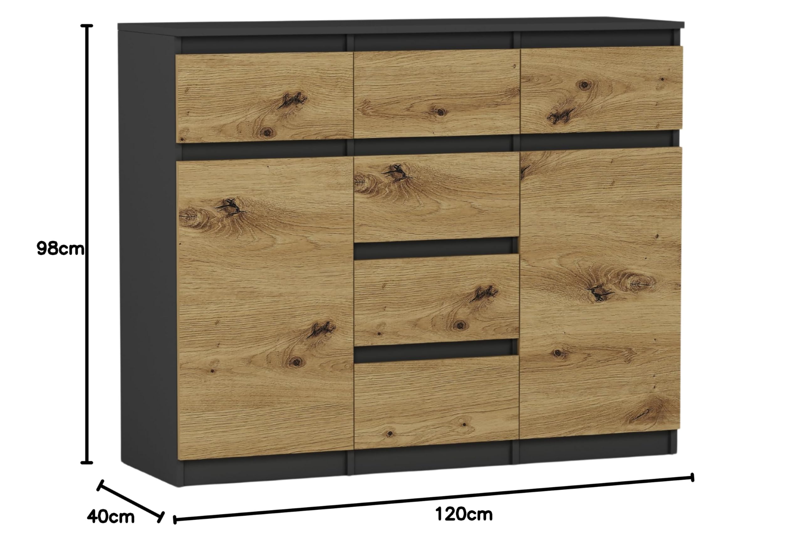 Highboard Anthrazit/Artisan Eiche 120x40x98 cm – Sideboard mit Schubladen, Schränken & offenen Regalen, modernes Schrankmöbel für Wohnzimmer, Esszimmer & Schlafzimmer, Modern S-62D