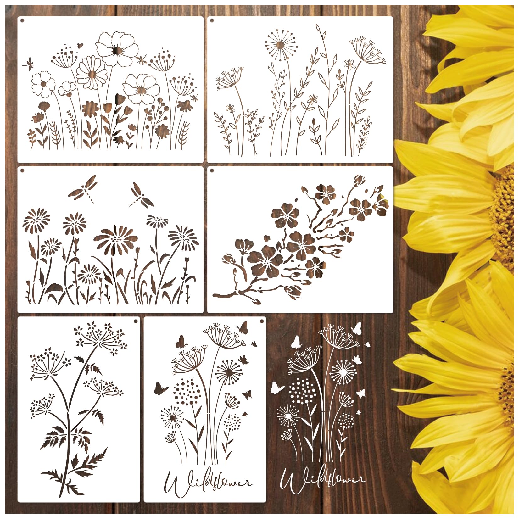 Large Wildflower Stencil for Painting on Wood Reusable Spring Flower Stencils Floral Pottery Templates for Walls Canvas Fabric Home Decor (Wildflower