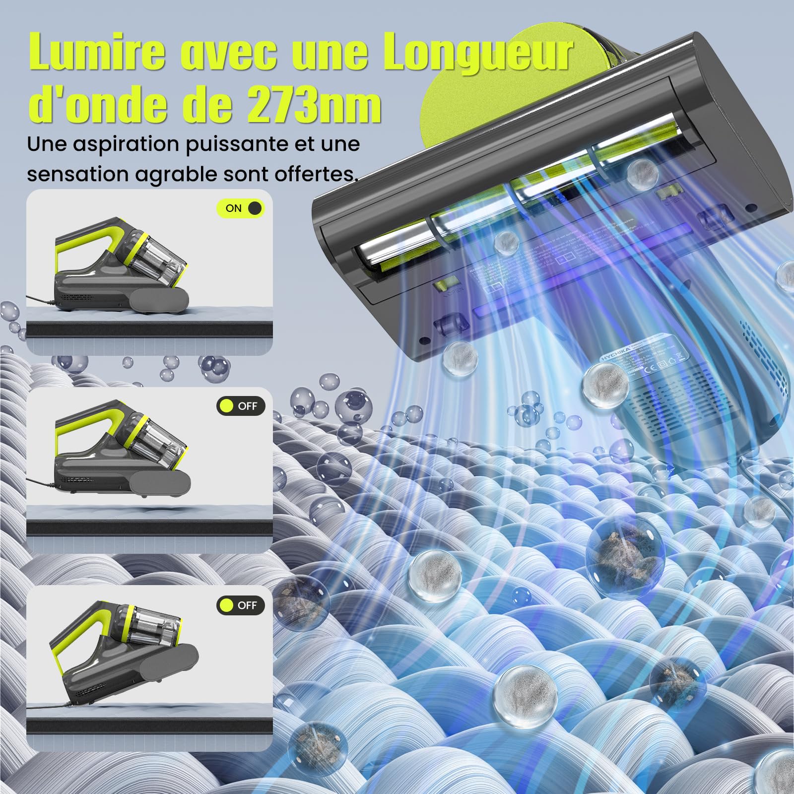 Aspirateur Matelas Aspirateur Anti Acariens - 16kPa Aspirateur à Main avec Lumière UV-C Chauffage Fonction Filtre HEPA Antibactérien Puissance d'aspiration pour Matelas,Textiles,Meubles de Canapé