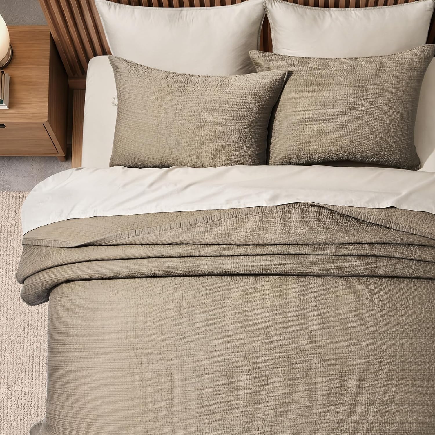 EVERGRACEHOME Channel Stitch 100% Cotton Quilt Set King Size, Pre-Washed Cotton Sateen Coverlet Bedspread, 3-Piece Soft & Breathable Bedding Set with 2 Shams for All Seasons, Stone Taupe | Refined Channel, Luxe Cotton Sateen, Pre Washed, 100% Cotton, Oeko-Tex Certified, Lightweight
