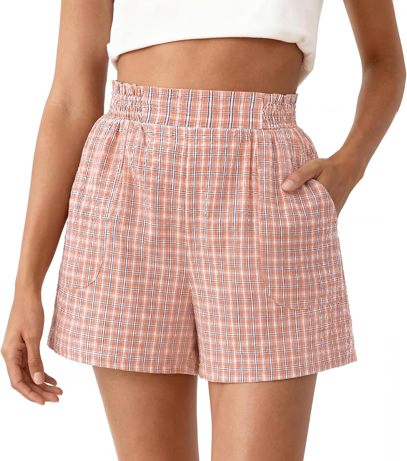 CFLONGE Boxer Shorts for Women Gingham Pajama Lounge Sleep Casual Plaid Shorts Y2k Summer Clothes Beach Bottoms with Pockets