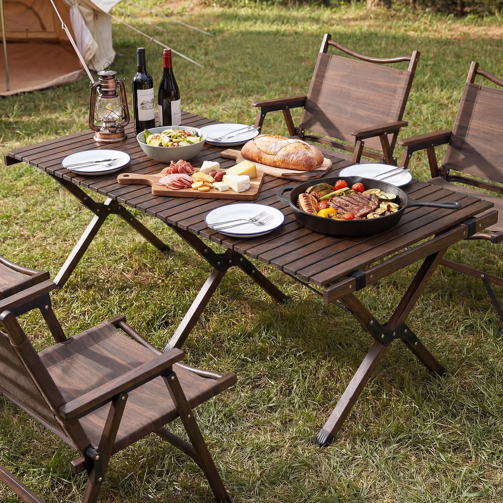 COSTWAY Tavolo da Picnic Pieghevole e Portatile, 122 x 60 cm, Tavolo da Campeggio in Legno Massello a 4-6 Posti, con Piano Arrotolabile e Borsa da Trasporto, per Balcone, Cortile e Mercato (Marrone)
