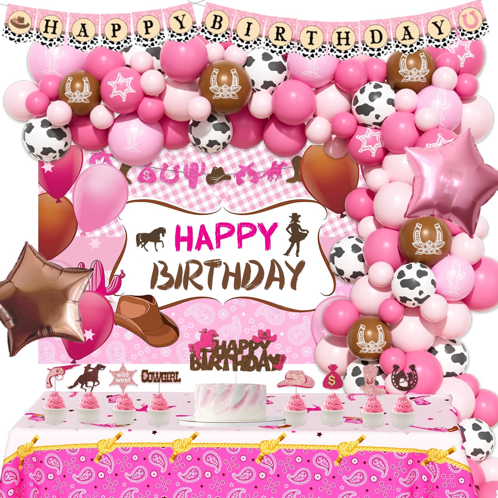 Cowgirl Birthday Party Decorations, Disco Cowgirl Party Decorations, Western Wild West Rodeo Birthday Supplies Backdrop Balloon Banner Cake Topper Horse Star Bandana Cow Print Brown Pink