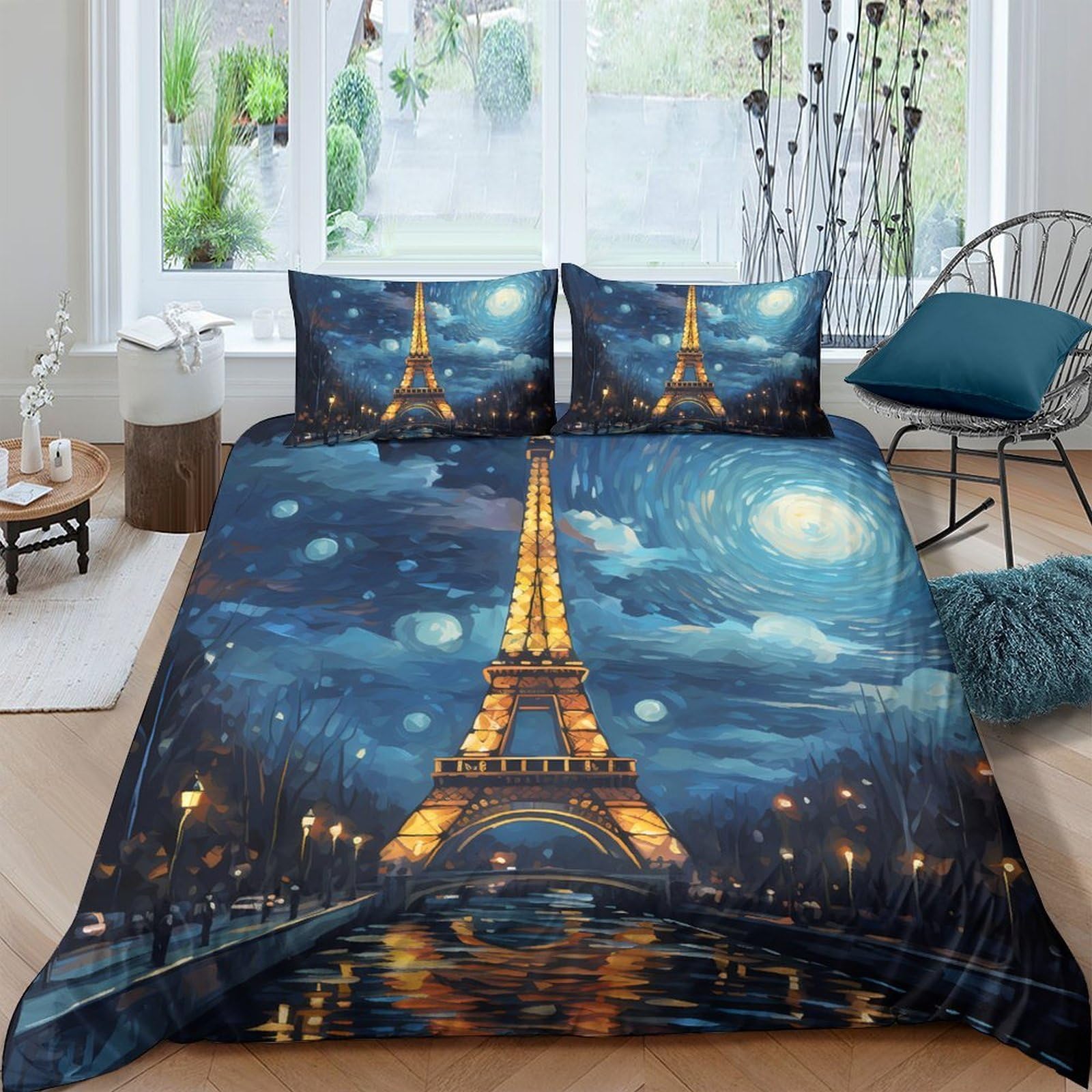 Ctjqhvkz Style-7 3D Printed Night Eiffel Tower Fitted Sheet Microfiber Soft Washable Starry Sky Bed Sheet Bedroom Decor Mattress Cover Single（135X200cm）