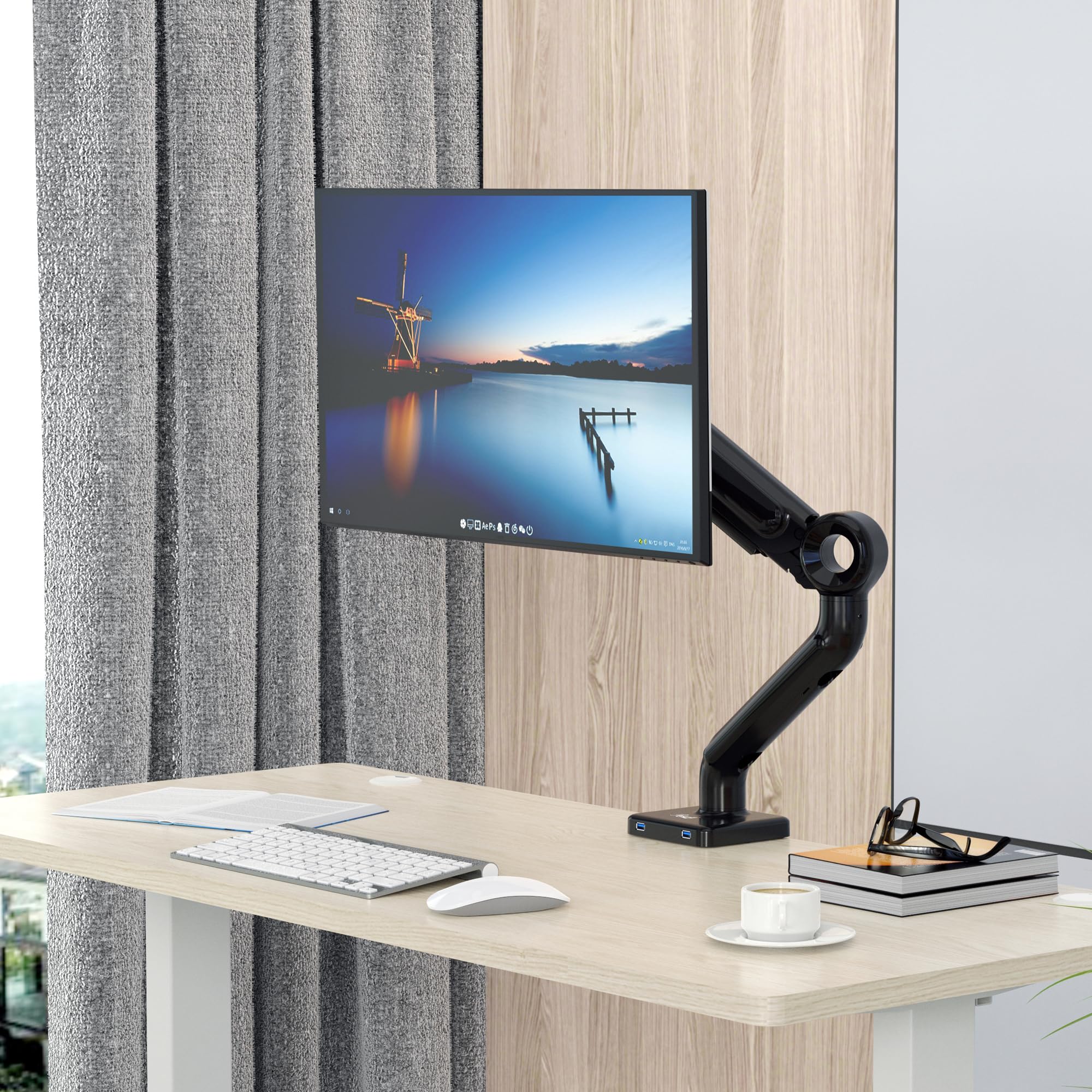 Rosewill Premium Single Monitor Mount, 13 to 35 Inch, 0 to 26.5lbs, Ultrawide Computer Monitor Stand for 35 inch Screens, Upgraded Adjustable Monitor Mount with USB, C-Clamp &amp; Grommet Base, VESA 75x75