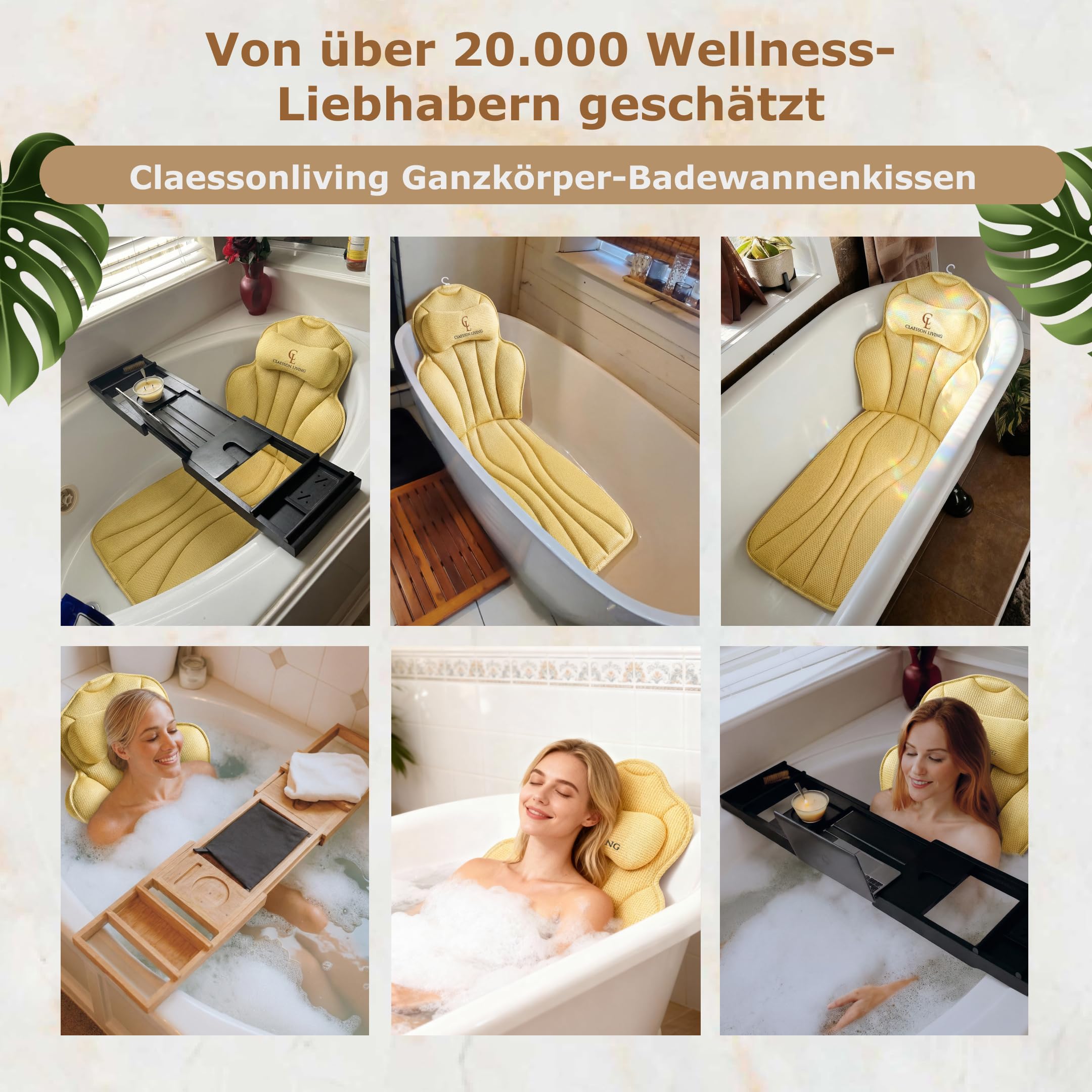Badewannenkissen Ganzkörper Badekissen (152x56cm) - Badewannenmatte mit Kopfstütze (11cm) unterstützt Nacken, Rücken und Beine - Mit Wasch- und Reisebeutel und einem Hängehaken für Trocknen - Sand