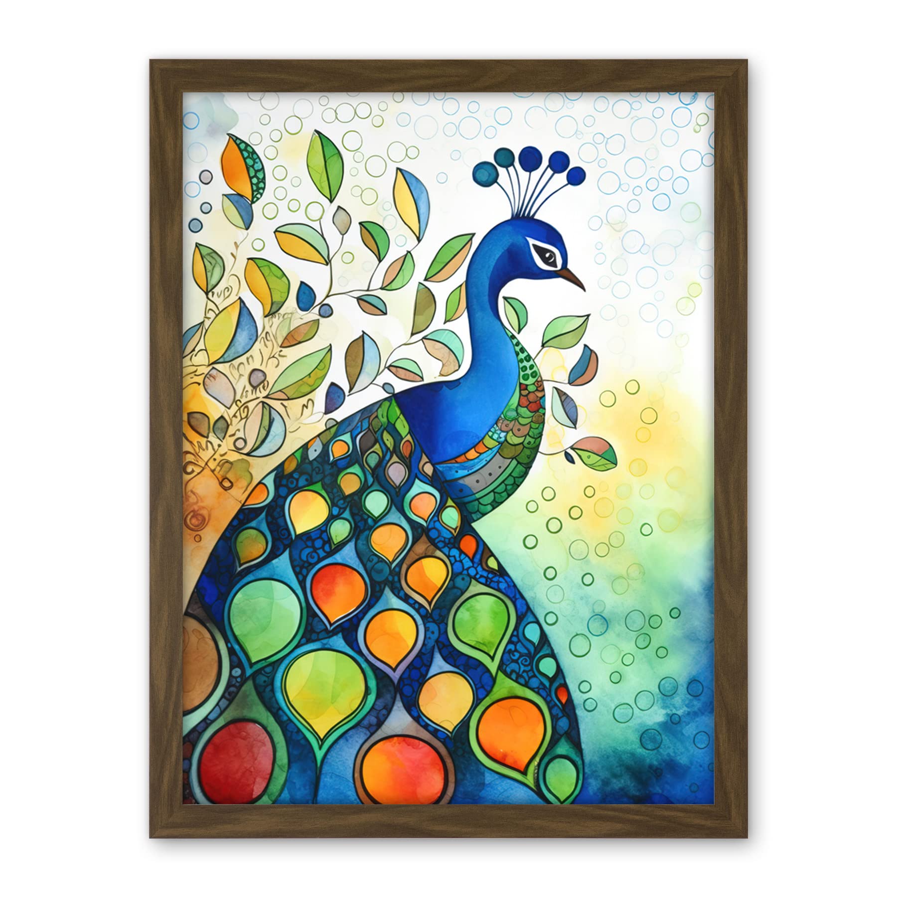 Artery8 Peacock Bird Folk Art Watercolour Painting Artwork Framed Wall Art Print 18X24 Inch