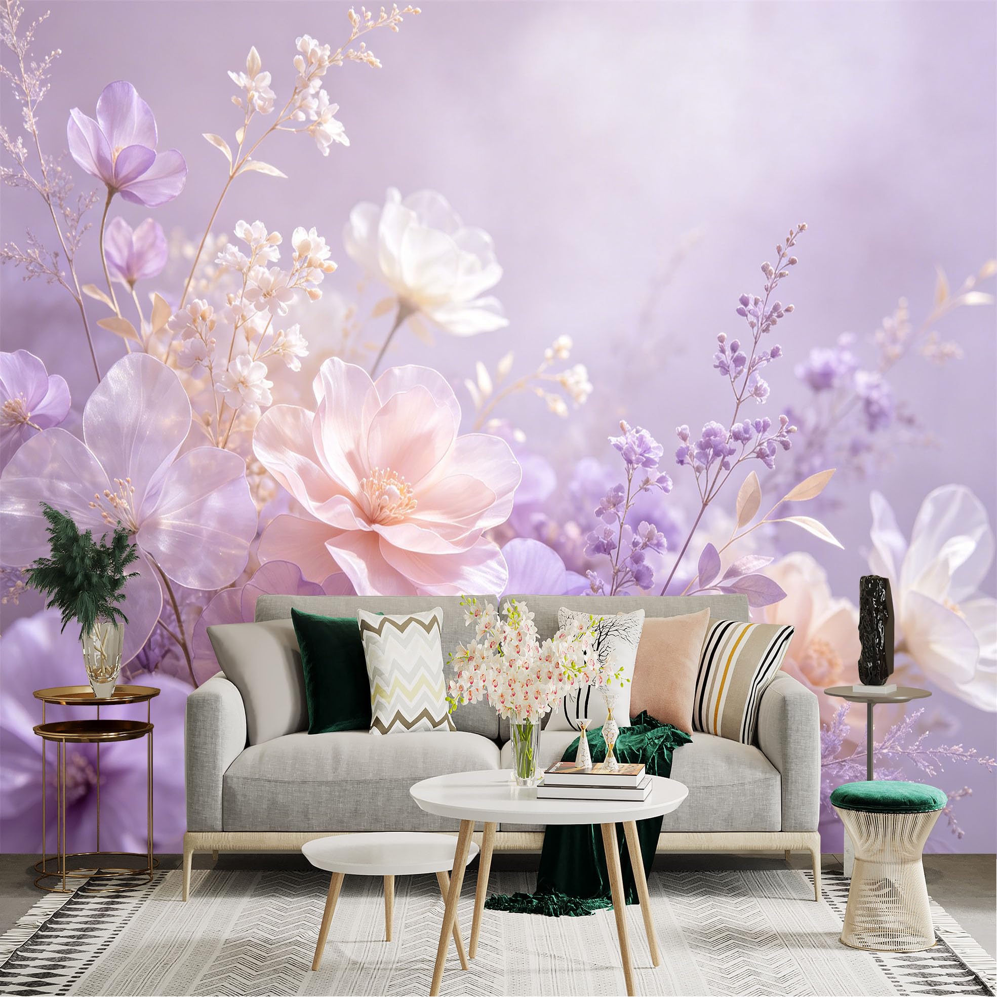 Lnzczhyre Dbh260521210 Custom Size Wall Sticker Mural， Soft Pastel Purple Flowers， Blooming Floral Garden， Elegant Botanical Art， Dreamy Aesthetic Bloom， For Wall Decoration， Peelandstick Wall Decals.