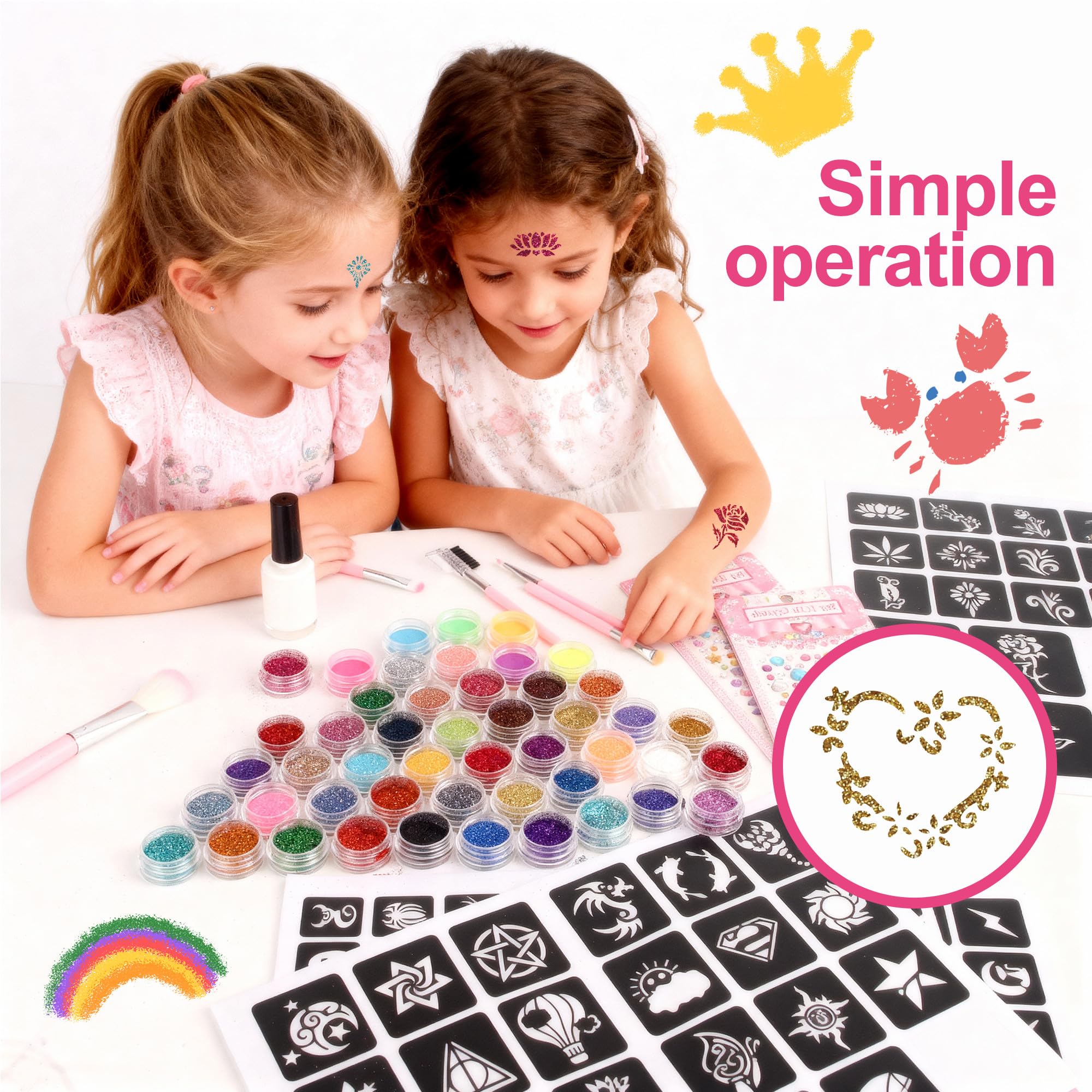 Kit Tatuaggi Glitterati, adatto a bambini e bambine dai 4 ai 12 anni, Kit per Tatuaggi flash temporanei con 48 colori, 192 modelli, 5 pennelli, 3 flaconi di colla, 2 fogli di adesivi glitterati