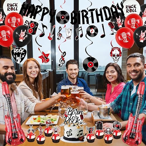 Miniatura 5 de Crenics Decoraciones de fiesta de cumpleaños de rock and roll, pancarta de feliz cumpleaños, remolinos colgantes, adornos para pasteles y globos