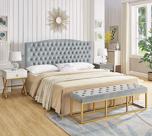 Miniatura 27 de 24 KF – Cabecero tapizado, copetudo, con relleno y botones y banco largo acolchado Marfil/Negro-48 Pulgadas,Negro/Dorado - 48