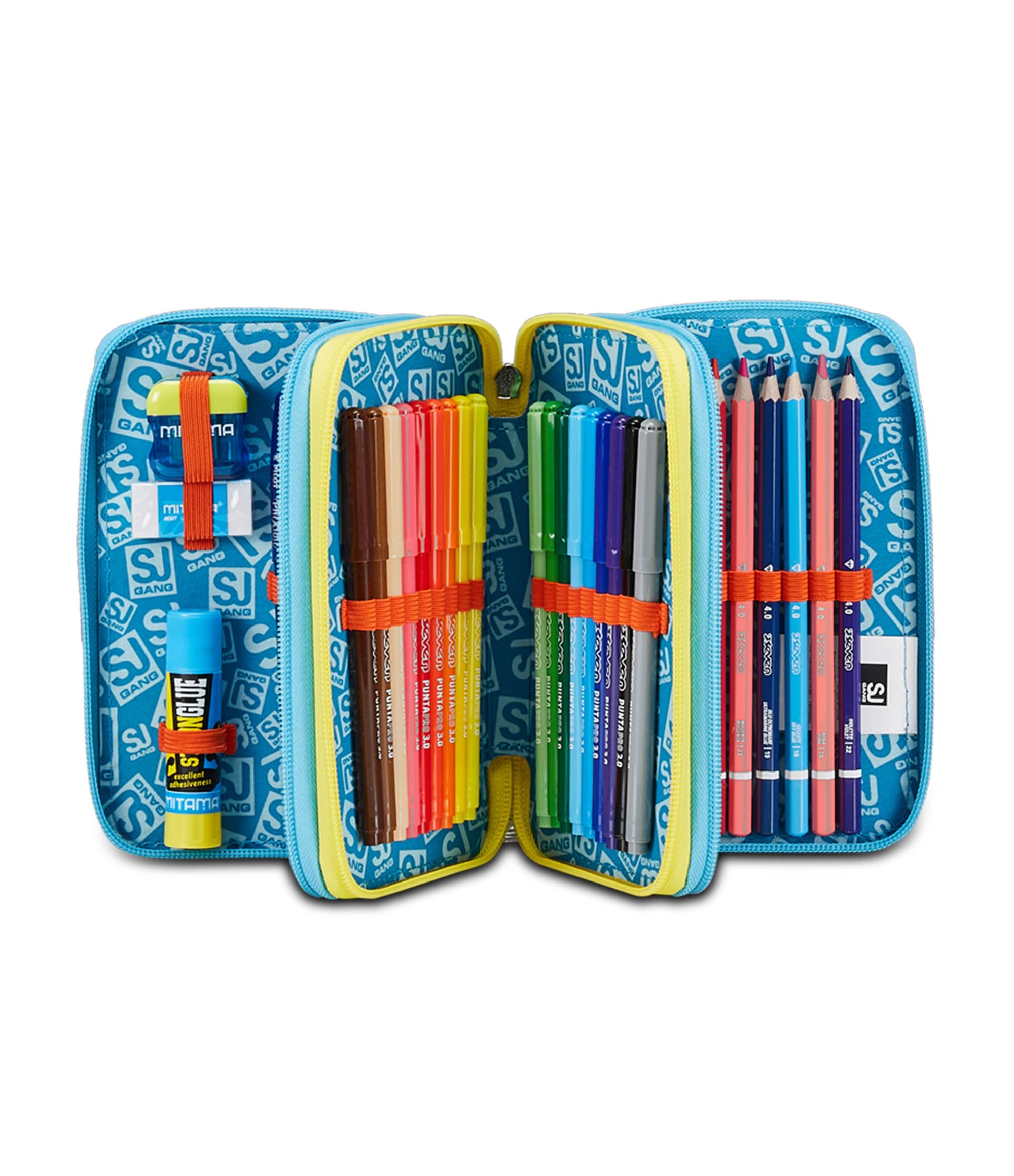 SJ Gang Astuccio Scuola 3 Zip, Blu, Go To Space, Portapenne Triplo Scomparto Completo Di Penne, Matite, Colori, Accessori Zaino, Elementari, Medie, Bambino, 30C202428-519