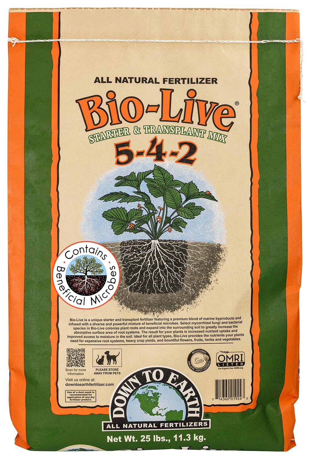 Organic Bio-Live Starter & Transplant Mix with Mycorrhizal Fungi and Benefical Microbes for Plant Food 5-4-2, 25 lb