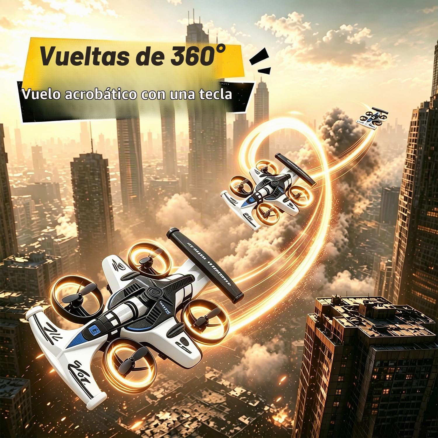 HAWK'S WORK Dron Coche F1 2en1, Juguete RC Interior/Exterior (Blanco) | Modo dual coche/dron, controles fáciles, ligero, seguro para diversión en interiores y exteriores