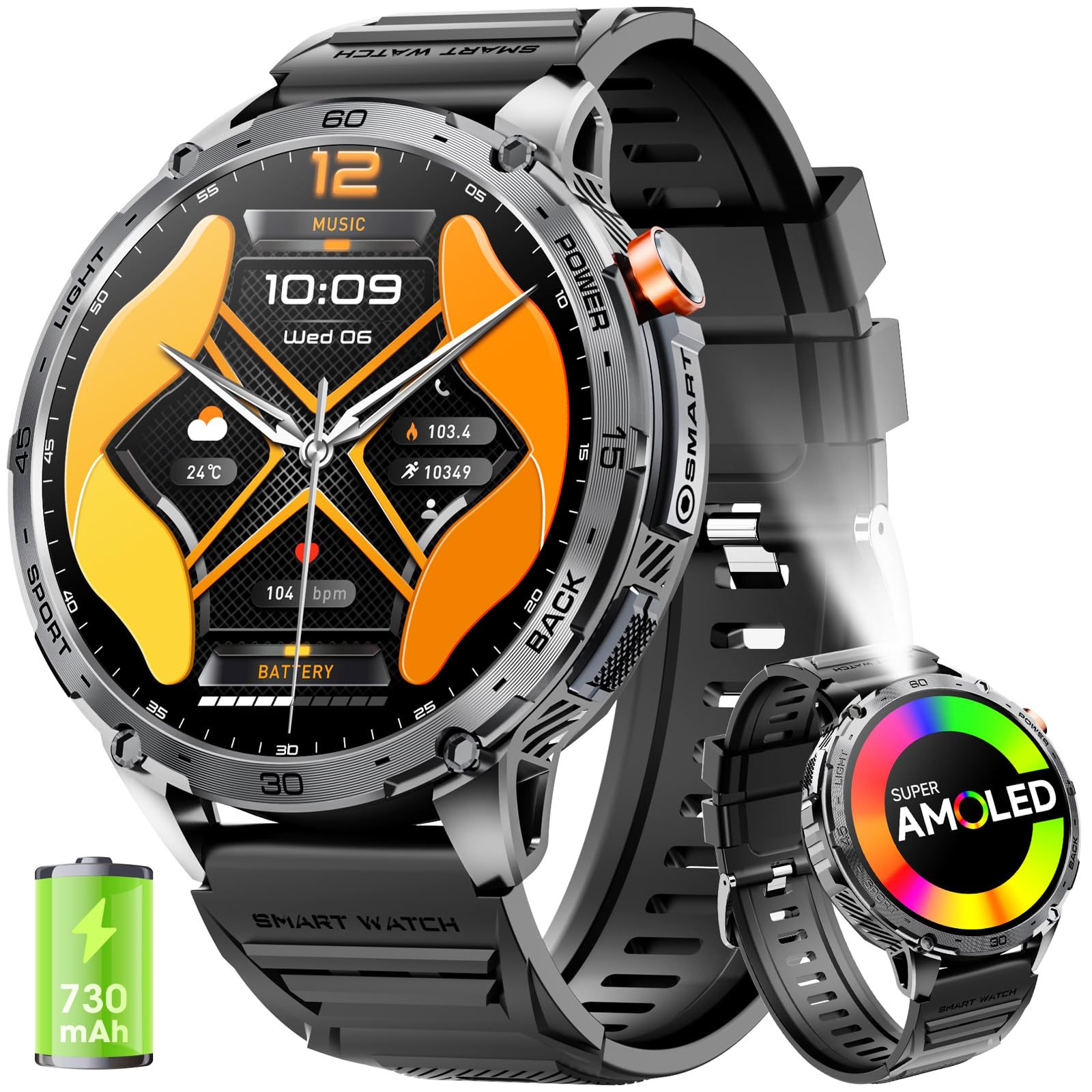 Smartwatch Uomo 1.75" HD AMOLED 730mAh Orologio Smartwatch con Torcia LED Militare Smartwatch Compatibile iOS Android (Risposta alle Chiamate Bluetooth) Smart Watch con Sonno/Cardiofrequenzimetro