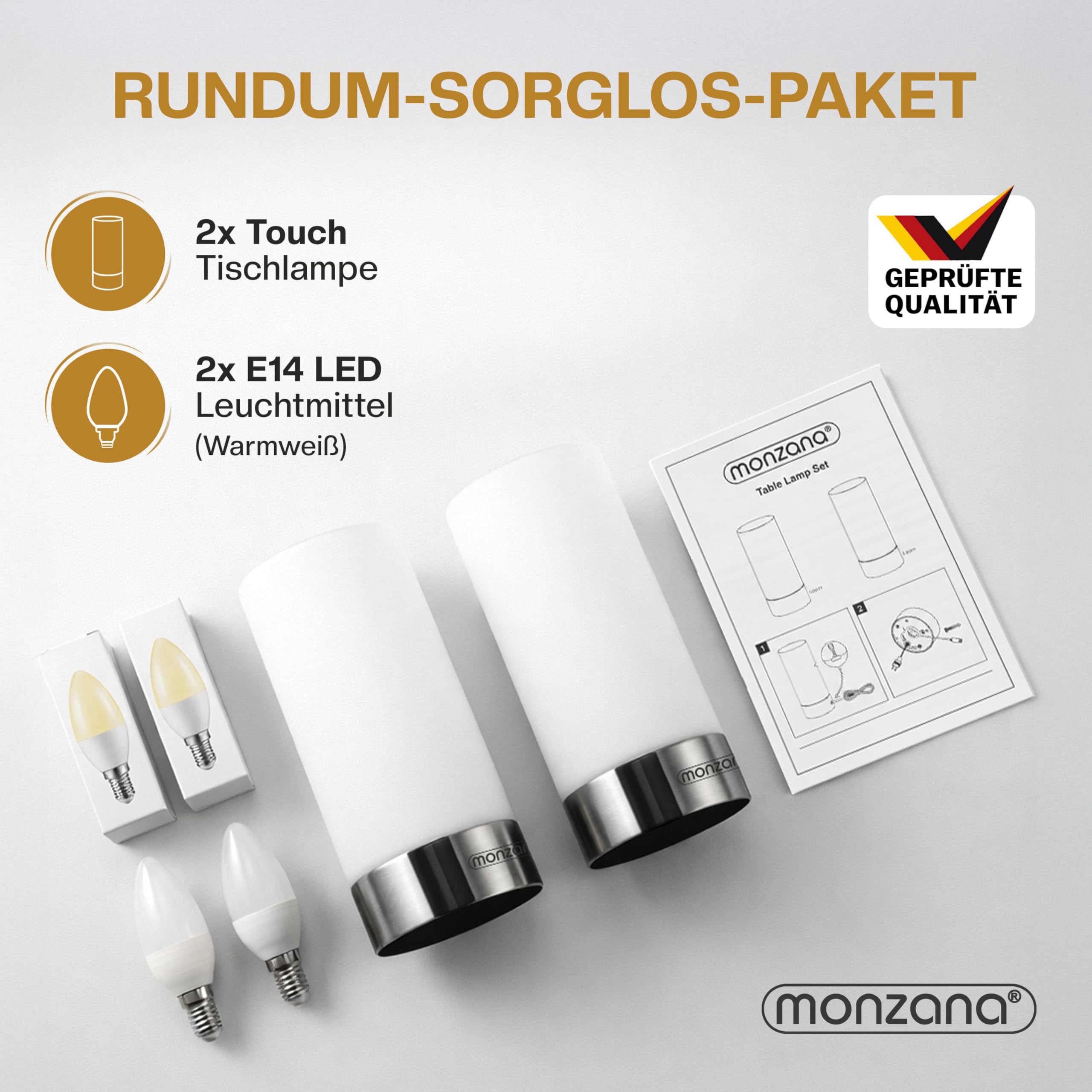 Monzana® Nachttischlampe 2er Set Touch Dimmbar mit LED Leuchtmittel Glasschirm Tischlampe Tischleuchte Wohnzimmer Schlafzimmer Nachtlicht Leselampe