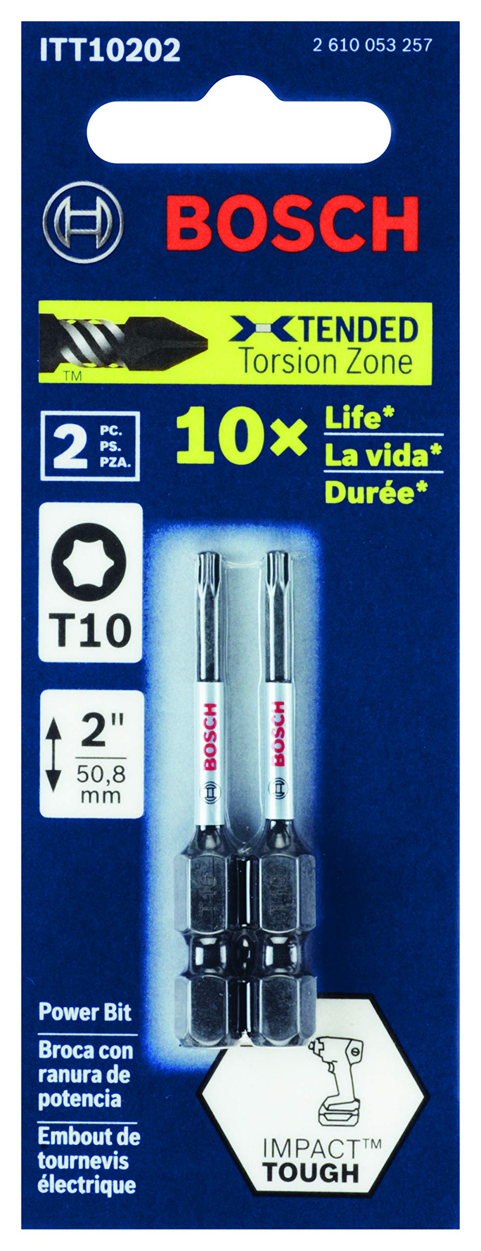 BOSCH ITT10202 Lot de 2 embouts de vissage Torx #10 résistants aux chocs 5,1 cm