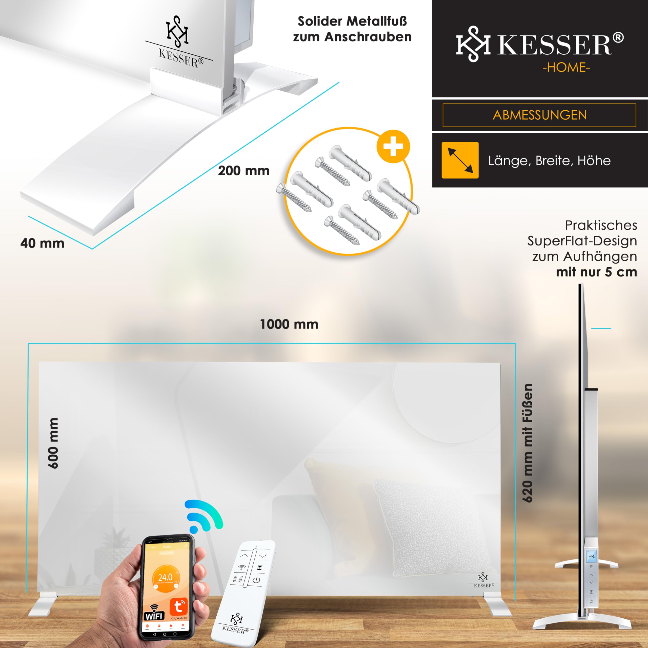 KESSER® Riscaldamento a infrarossi, 600 W, a risparmio energetico, 2 in 1 e montaggio a parete, rilevazione finestra aperta, telecomando