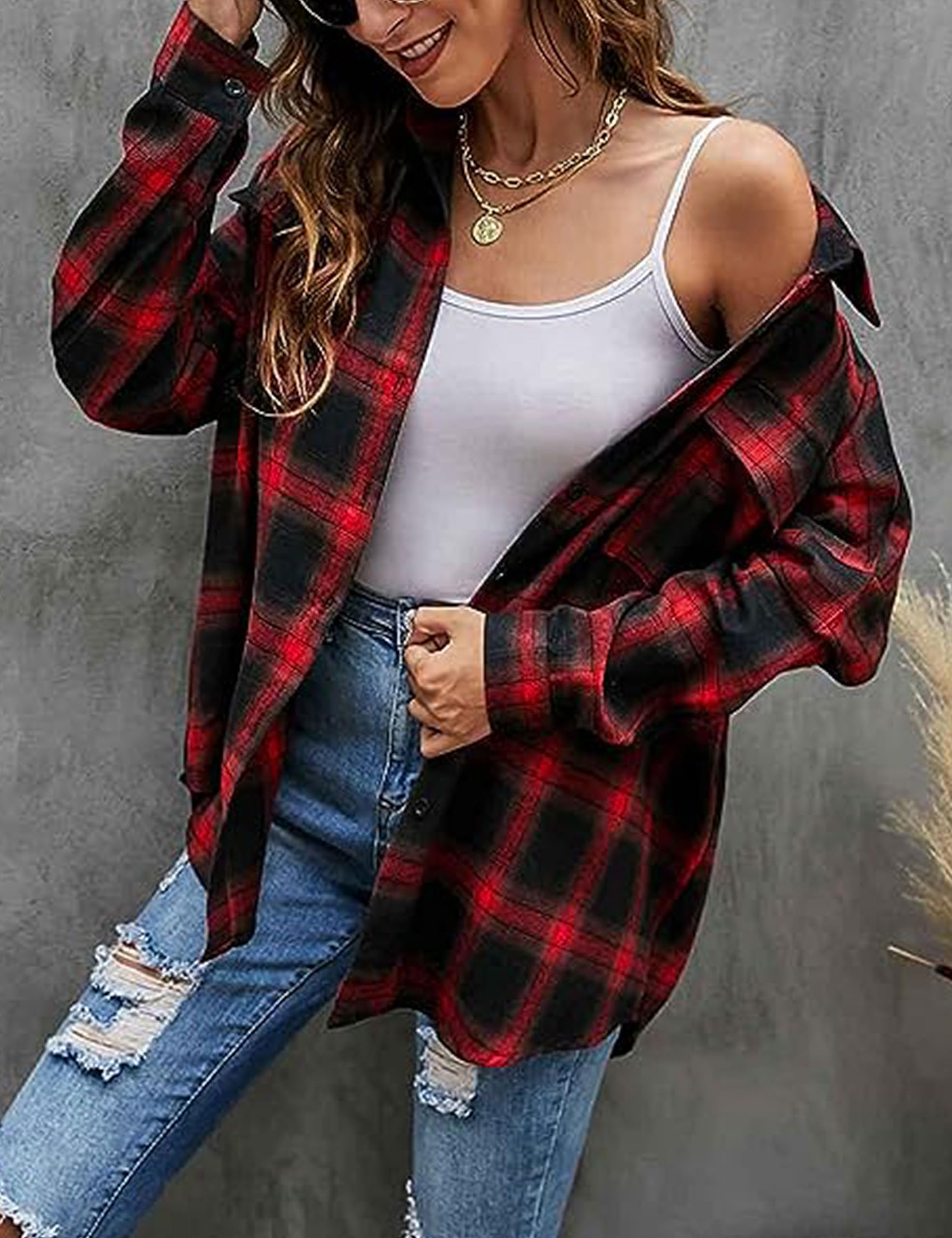 Zontroldy Camisas de franela a cuadros para mujer, de gran tamaño, ligeras, a cuadros, con botones, 02 Rojo, M